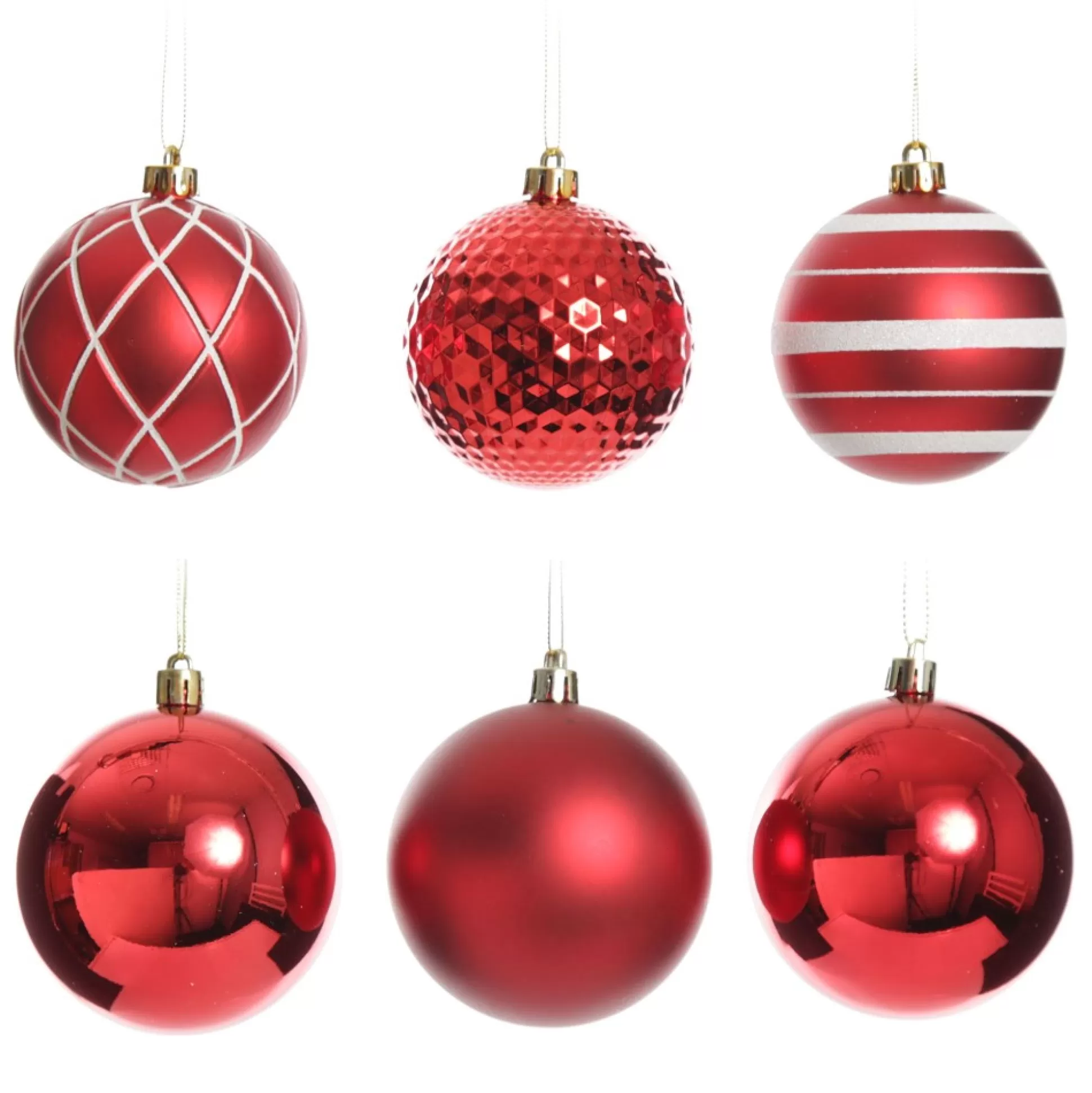 Assorted Decorative Red and White Shatterproof Christmas Baubles - Set of 6 Christmas Bauble Sets |