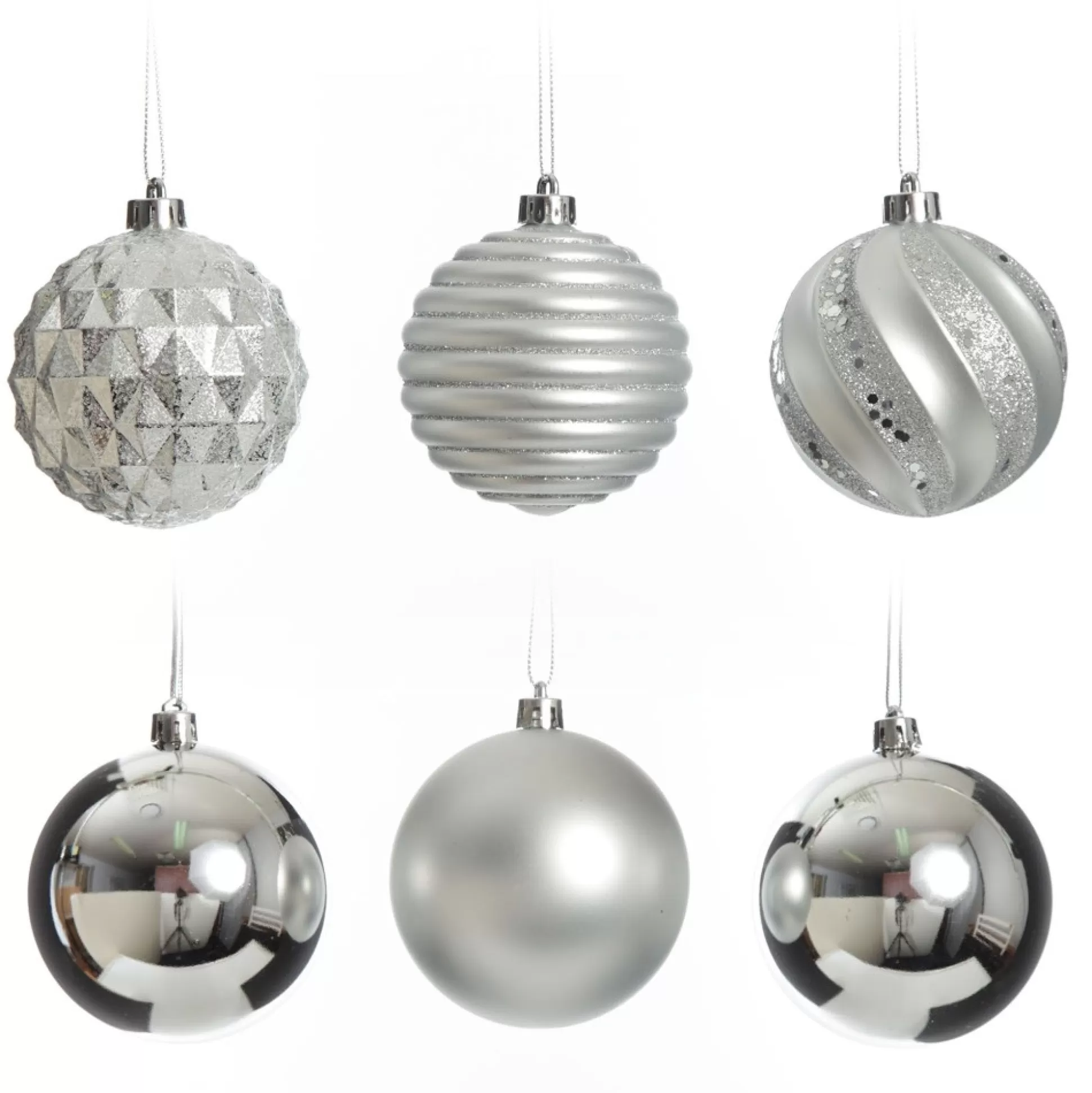 Assorted Decorative Silver Shatterproof Christmas Baubles - Set of 6 Christmas Bauble Sets |
