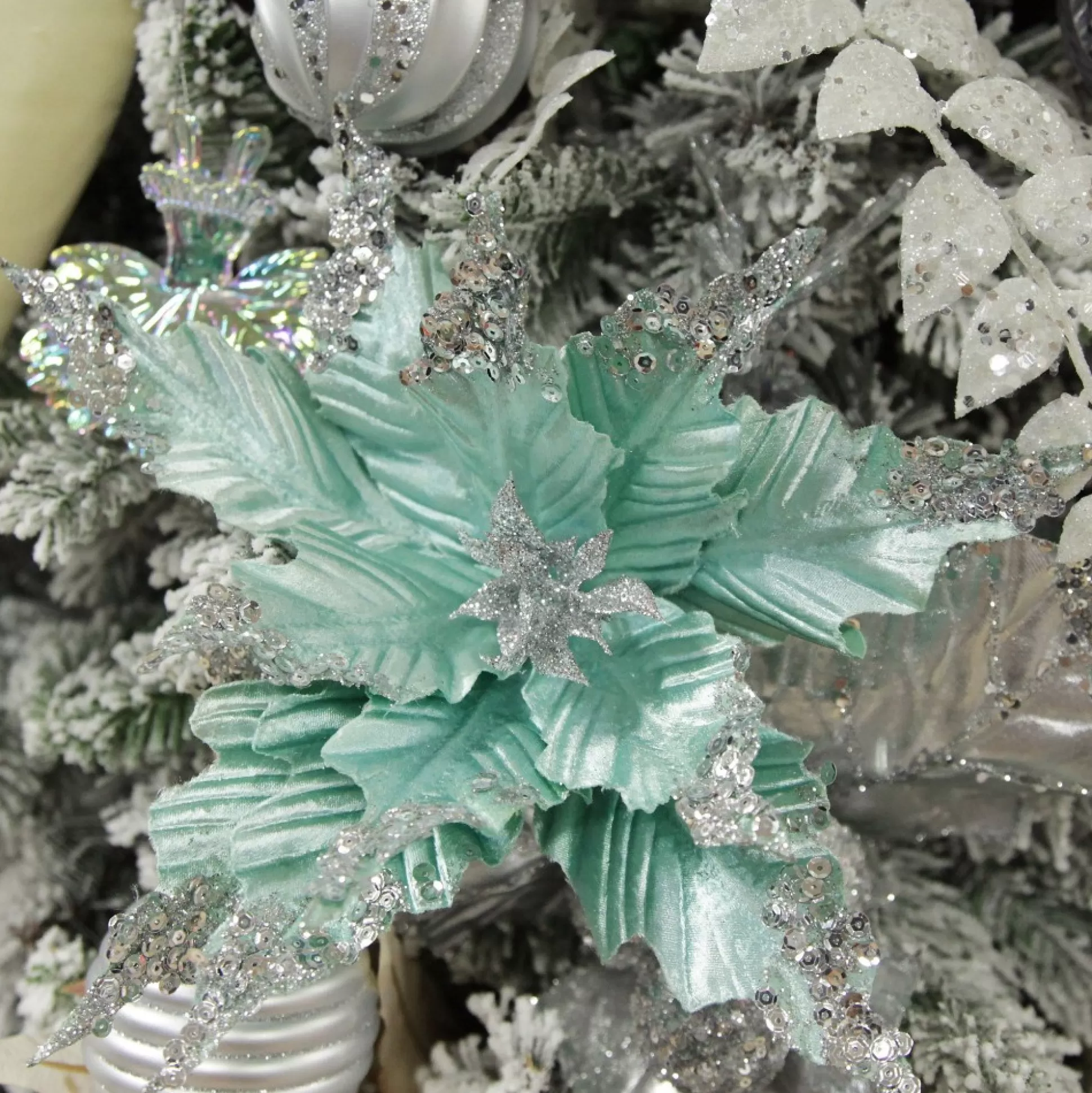 Baby Blue Sequin Poinsettia Flower Stem Christmas Flowers |