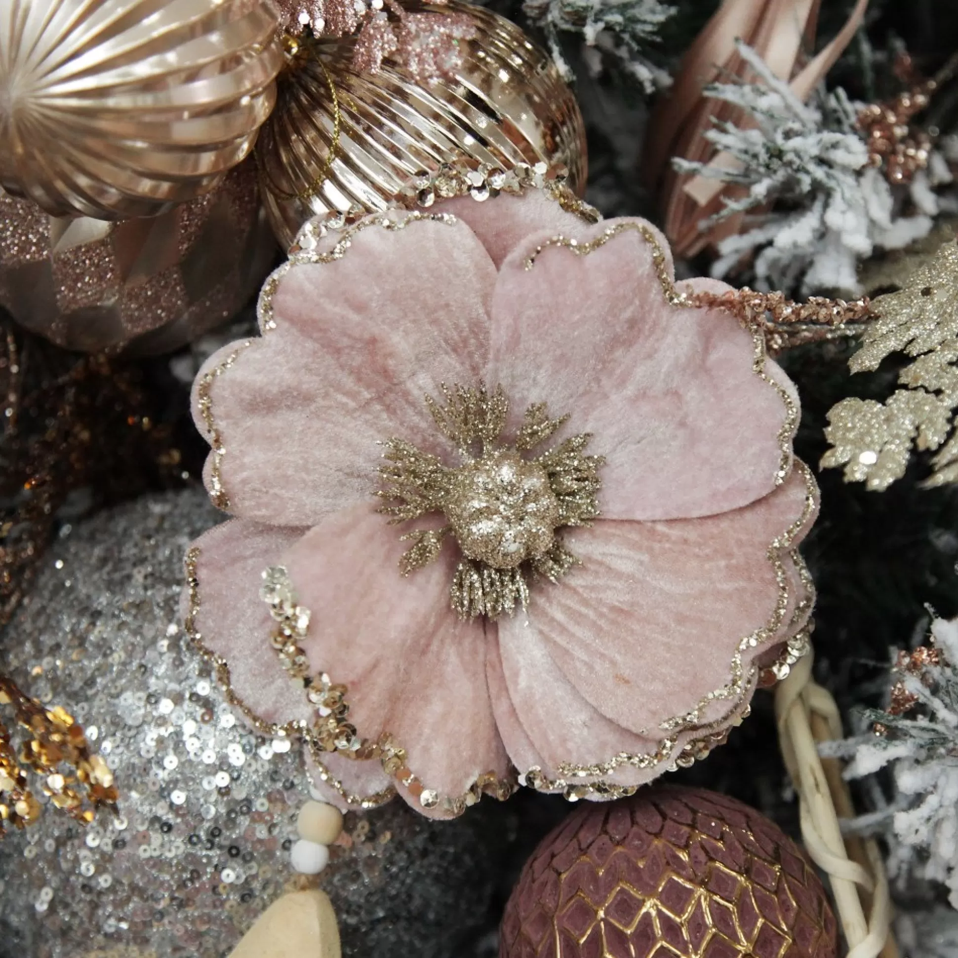 Baby Pink Velvet Magnolia Flower Clip with Jewel Centre and Sequin Tips Christmas Flowers |
