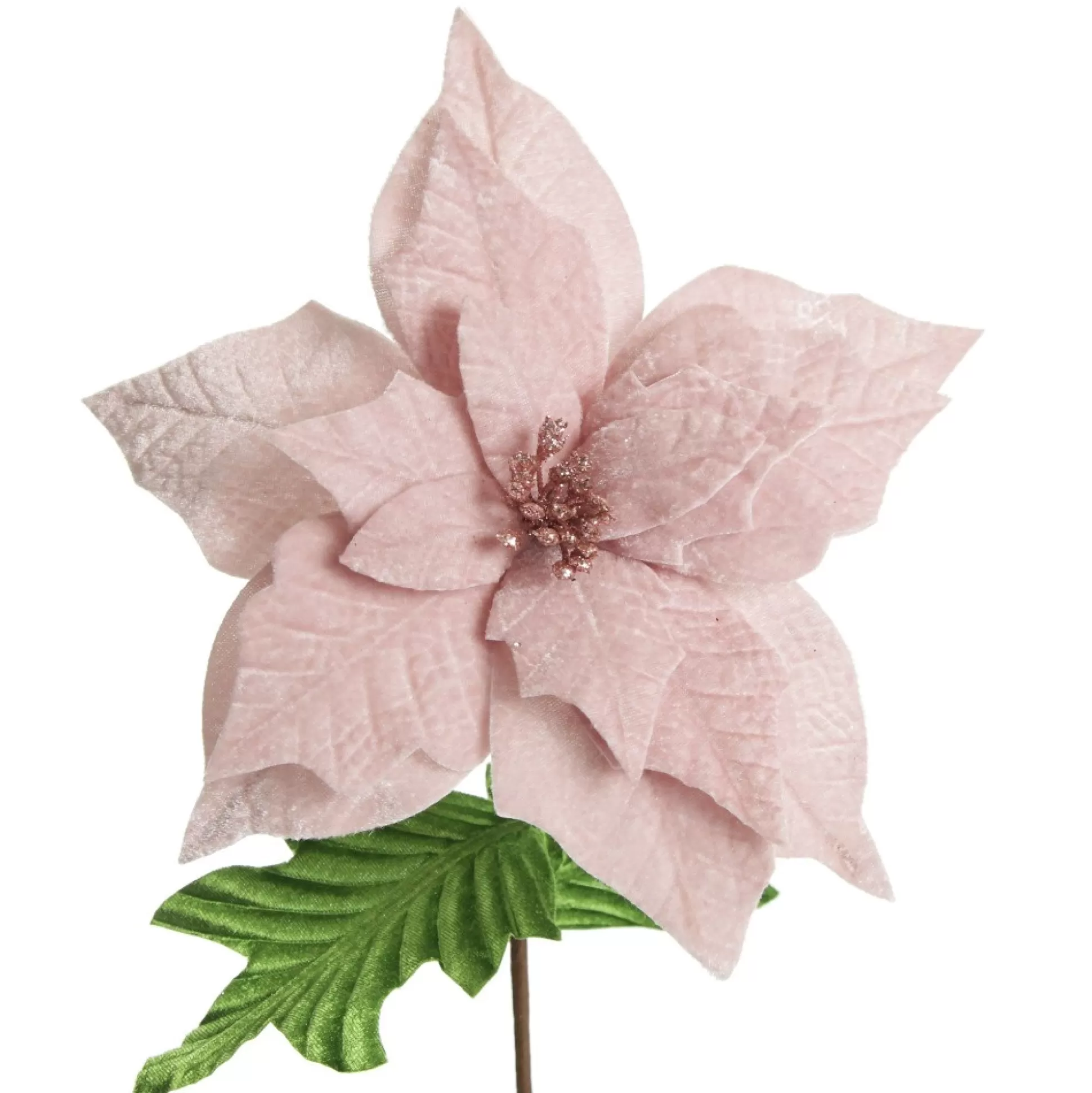 Baby Pink Velvet Poinsettia Flower Stem with Green Leaves Christmas Flowers |