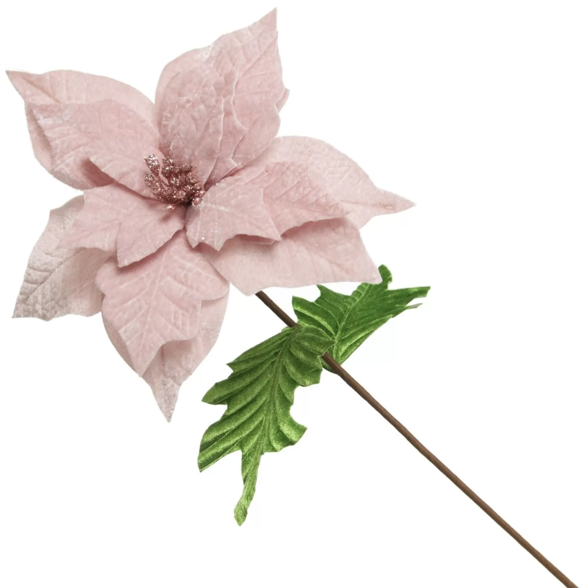 Baby Pink Velvet Poinsettia Flower Stem with Green Leaves Christmas Flowers |