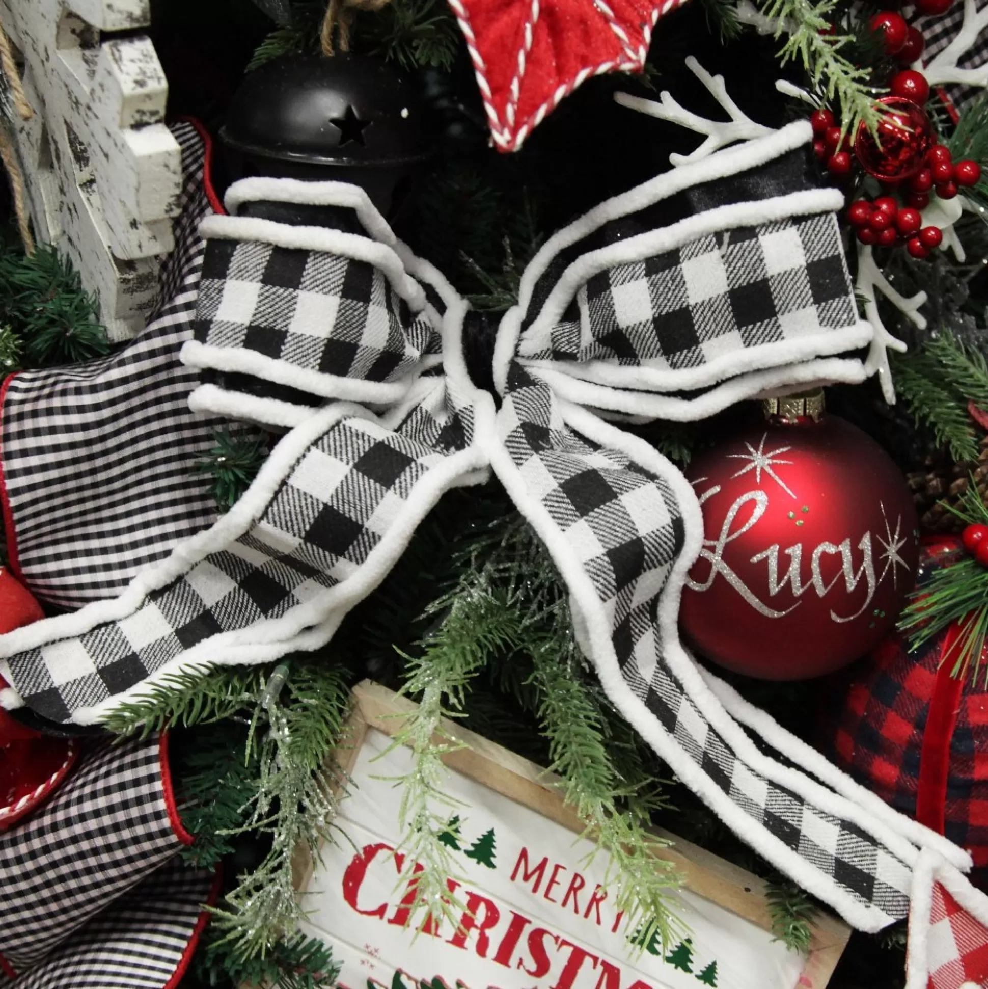 Black and White Check Christmas Bow with Fur Trim Christmas Bells And Bows |