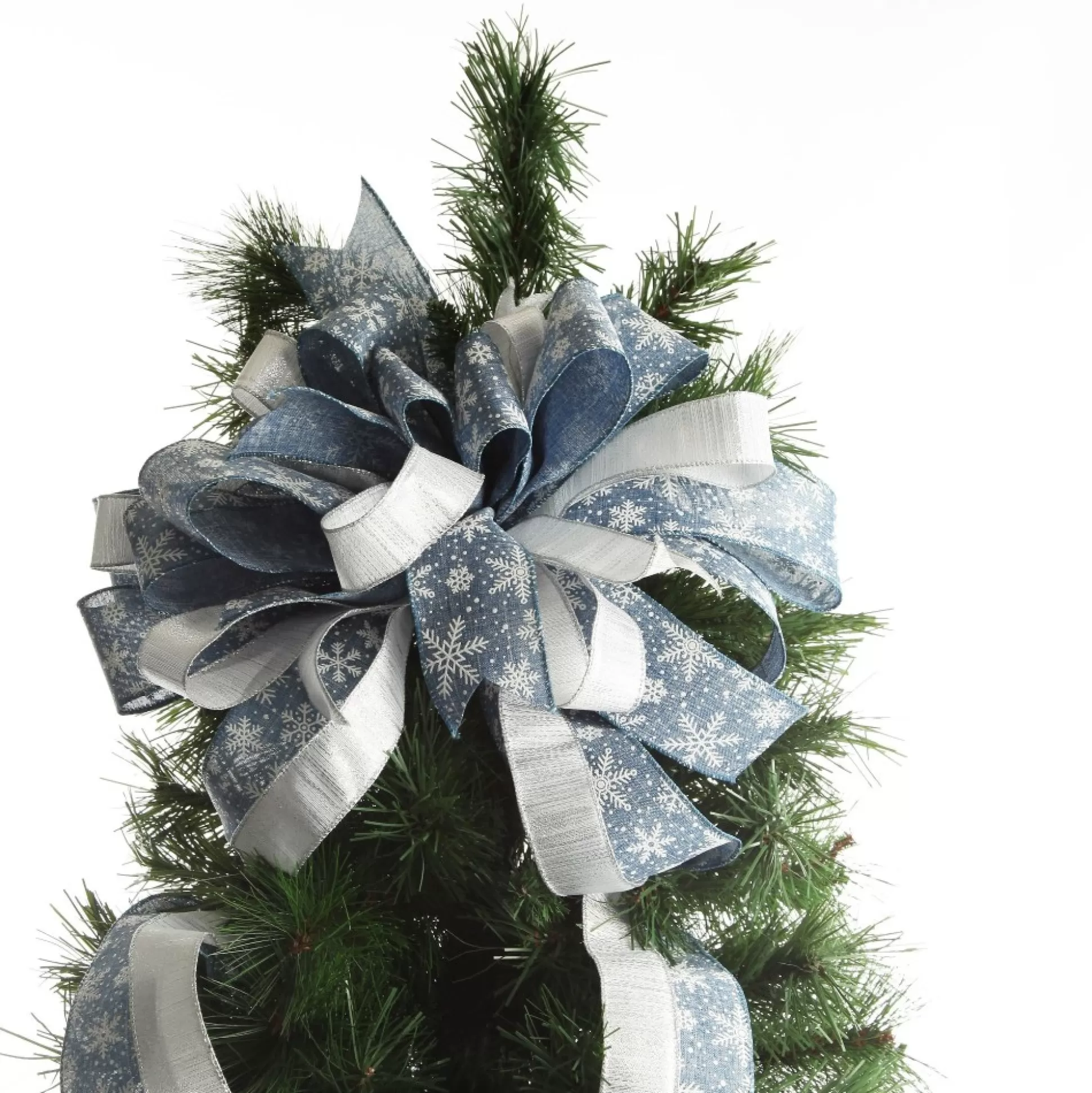Blue and Silver Snowflake Deluxe Tree Topper Bow with Streamers Tree Toppers |