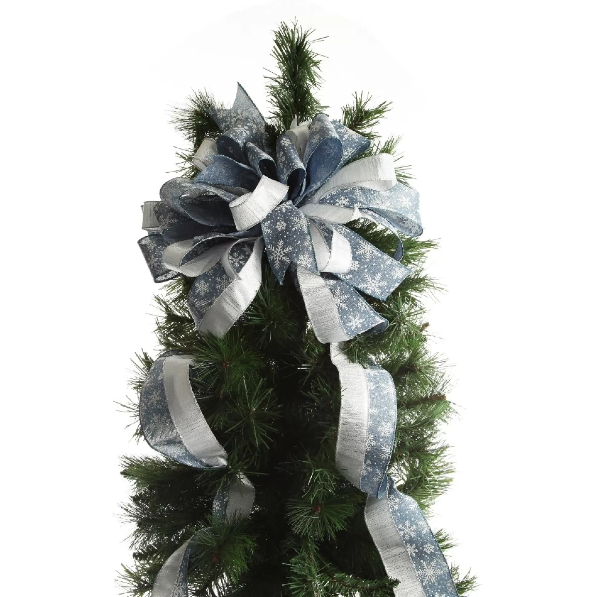 Blue and Silver Snowflake Deluxe Tree Topper Bow with Streamers Tree Toppers |