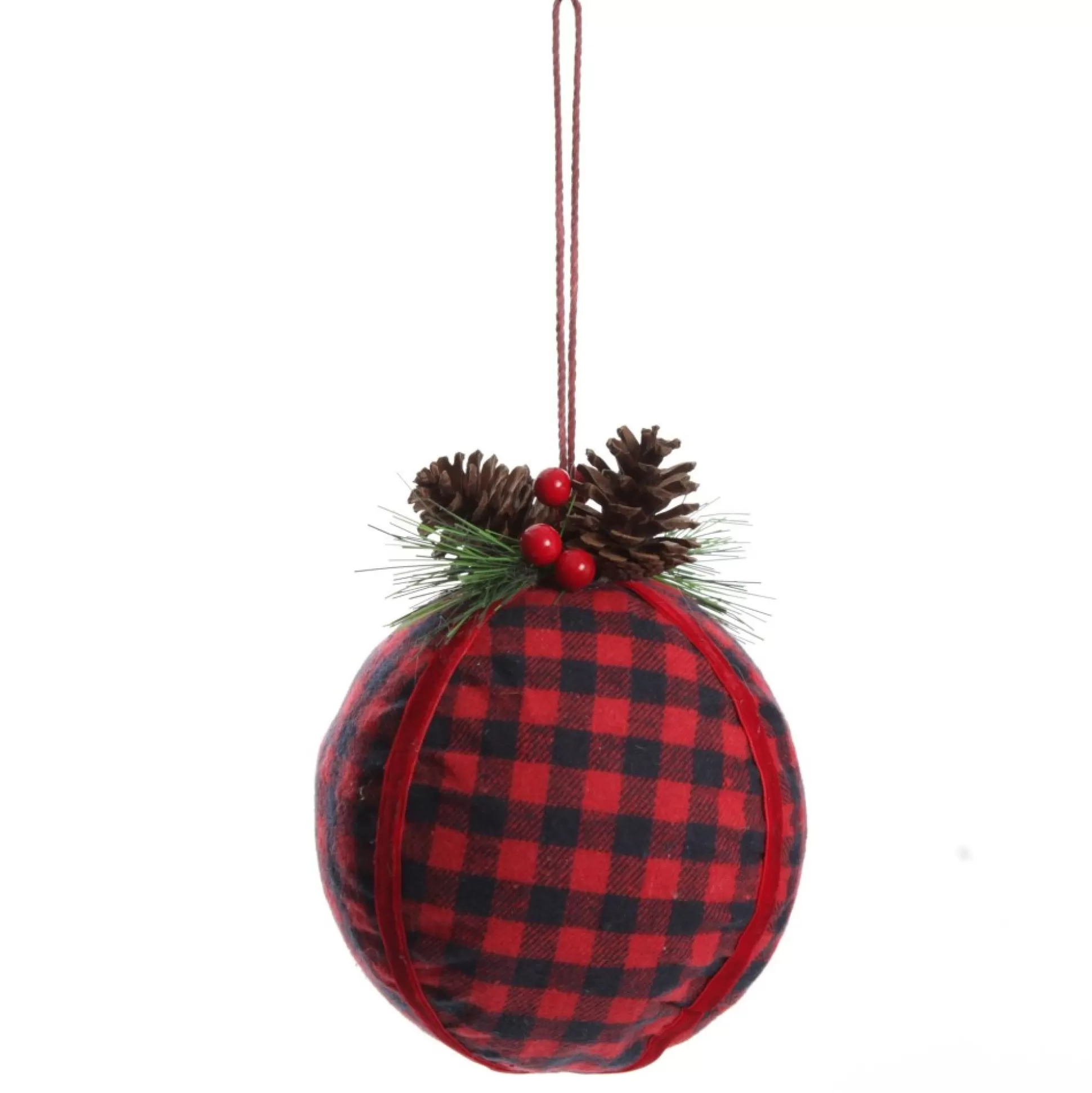 Buffalo Check Bauble with Pine and Cone Topper Decorative Christmas Baubles |