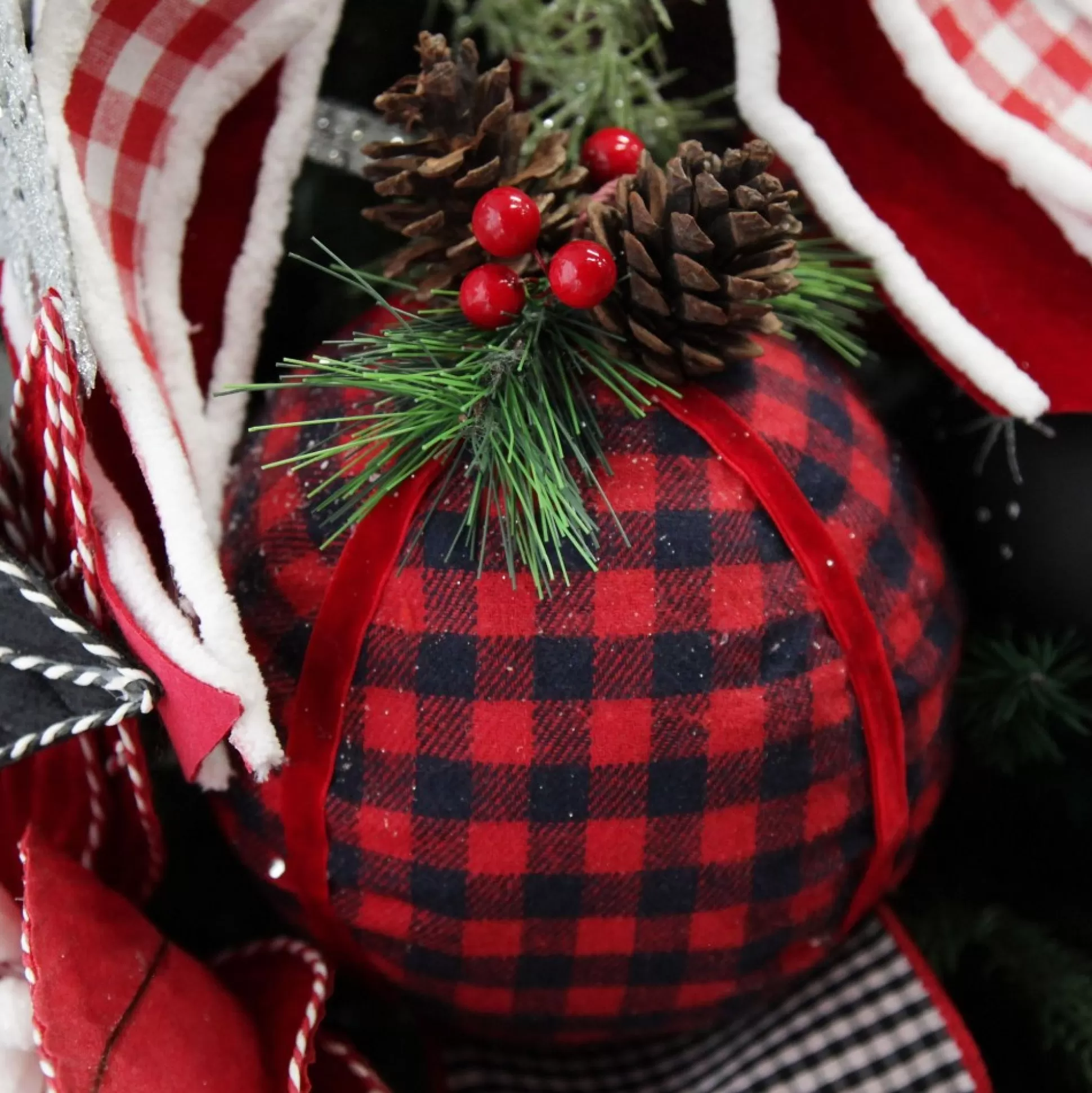 Buffalo Check Bauble with Pine and Cone Topper Decorative Christmas Baubles |