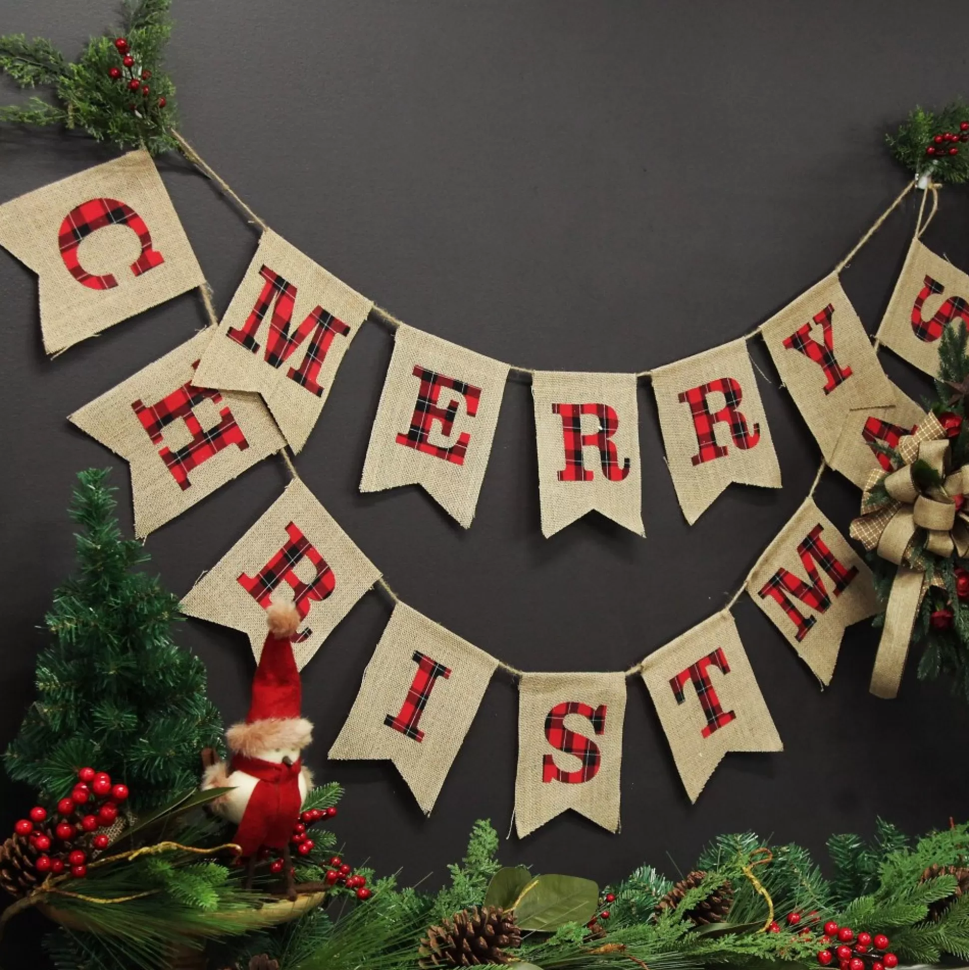 Burlap Bunting with Red and Black Plaid Merry Christmas Wall Hangings And Signs |