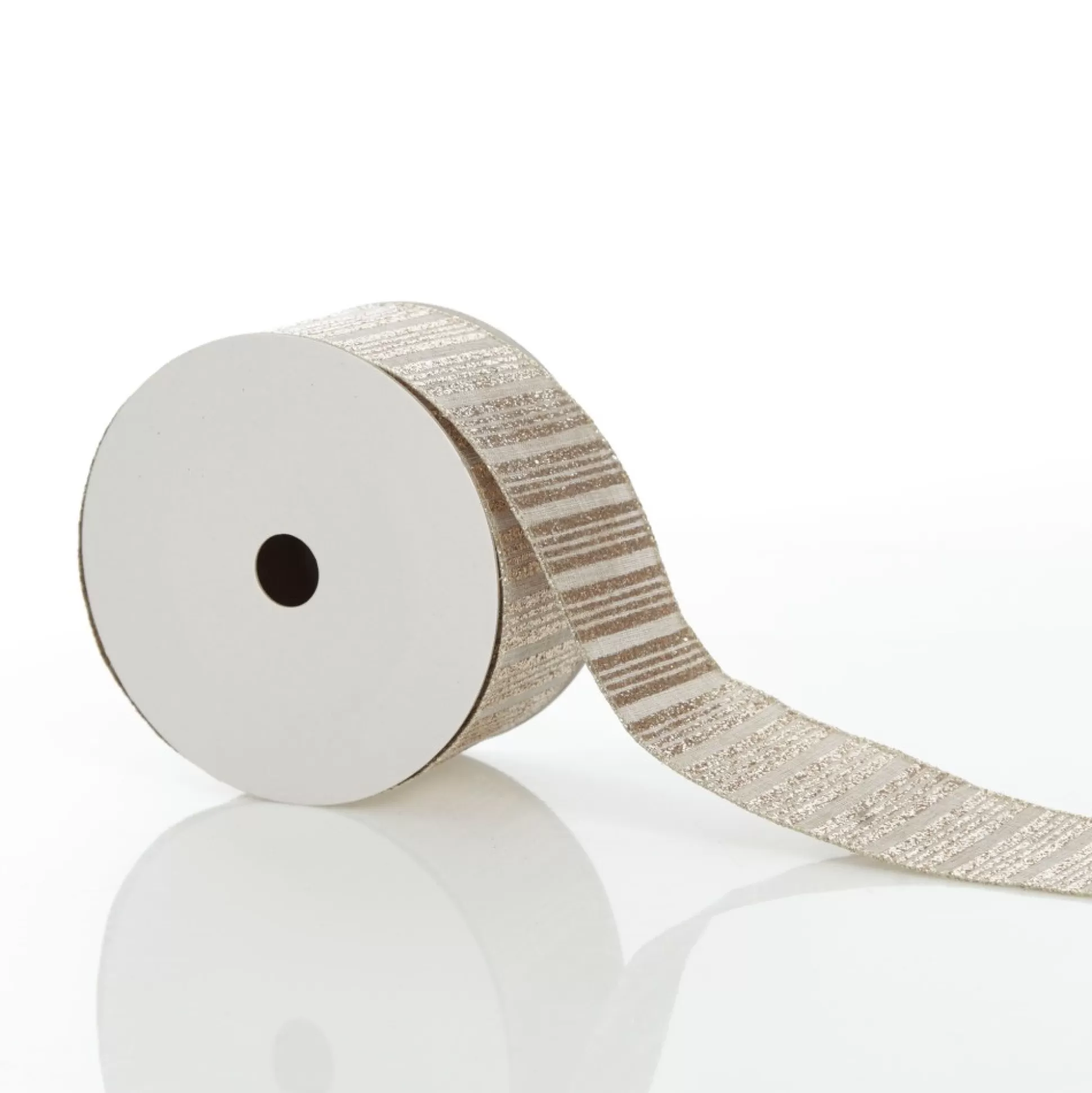 Champagne Glitter and Linen Striped Wired Ribbon - 6.5cm Ribbons |