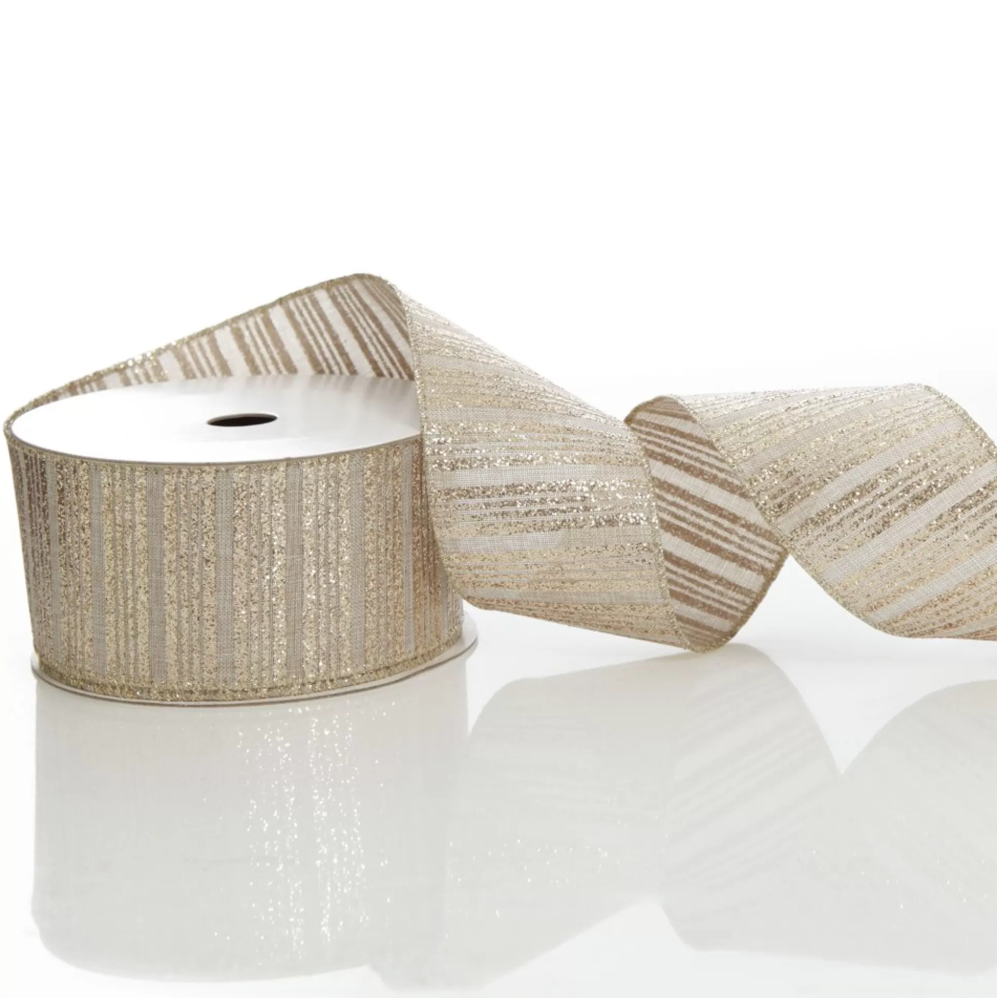 Champagne Glitter and Linen Striped Wired Ribbon - 6.5cm Ribbons |