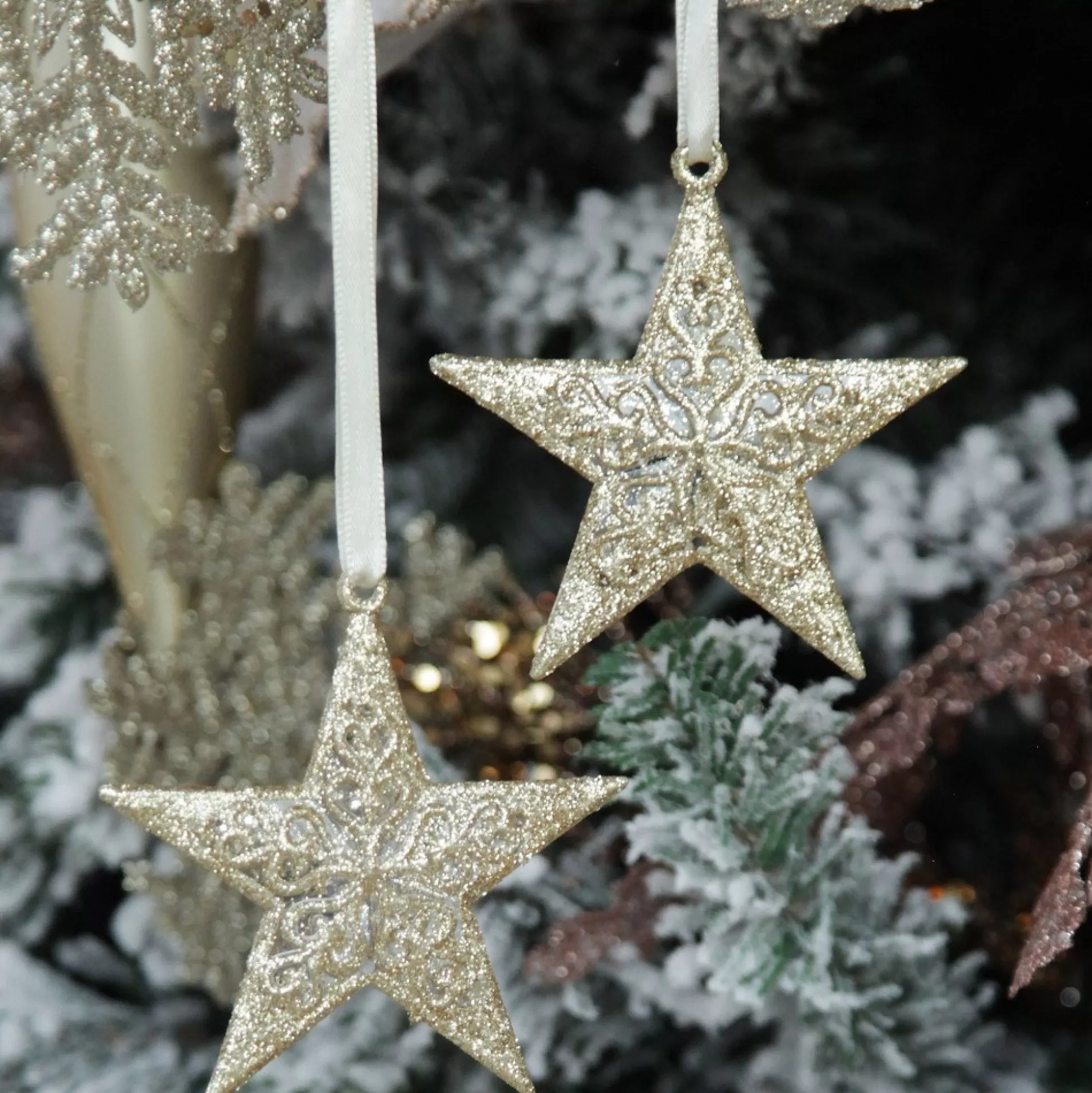 Champagne Glitter Star Tree Decorations - Set of 2 Snowflakes And Stars |