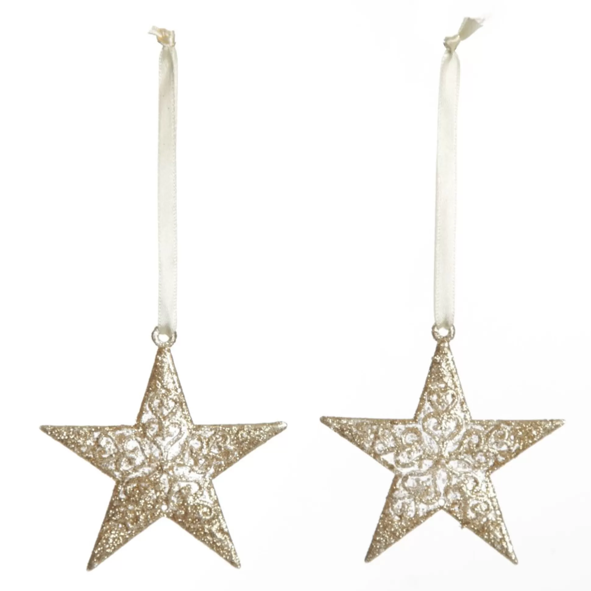 Champagne Glitter Star Tree Decorations - Set of 2 Snowflakes And Stars |