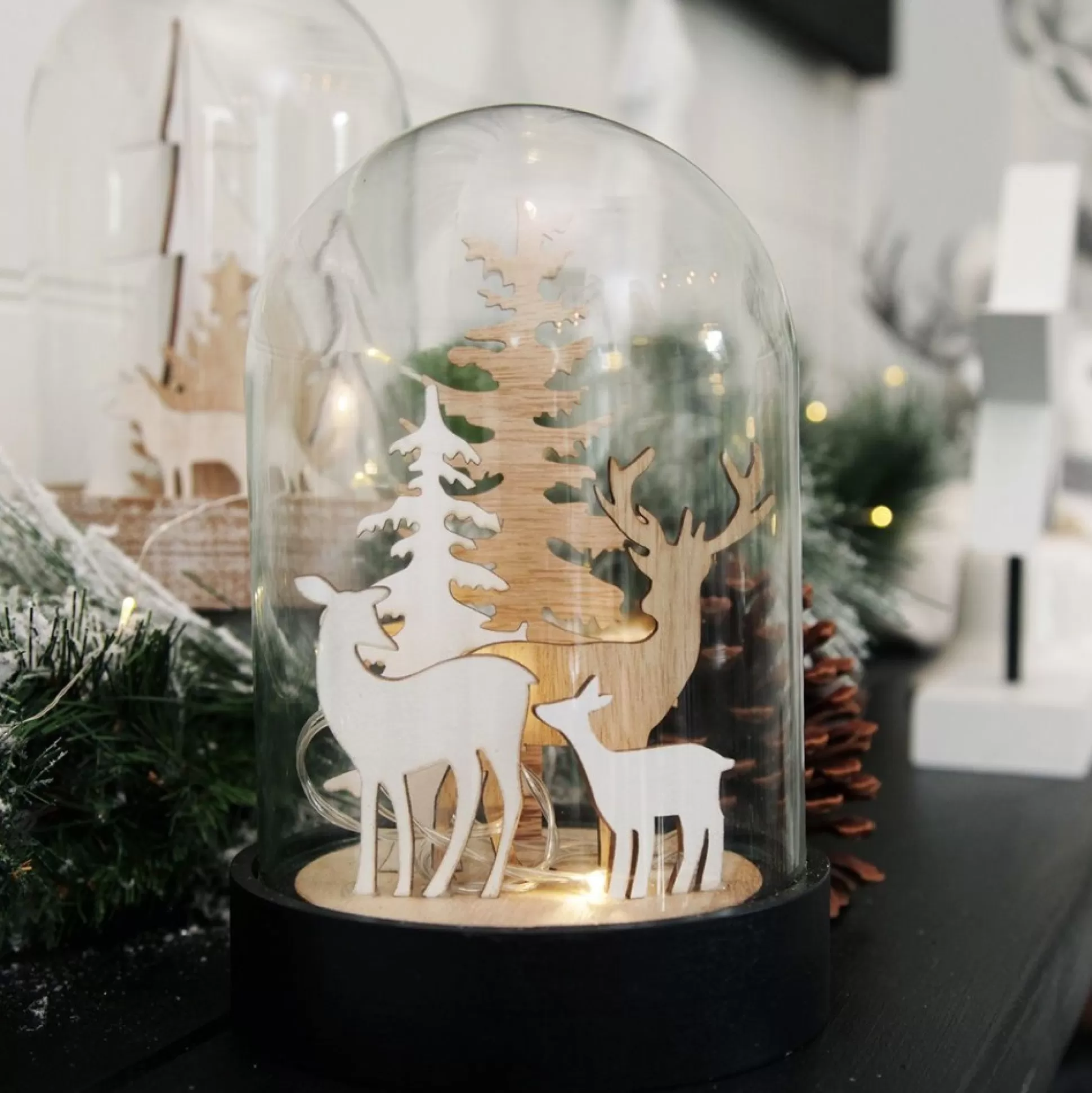 Dark Wood Base Glass Cloche with Reindeer Light-Up Scenes And Ornaments |