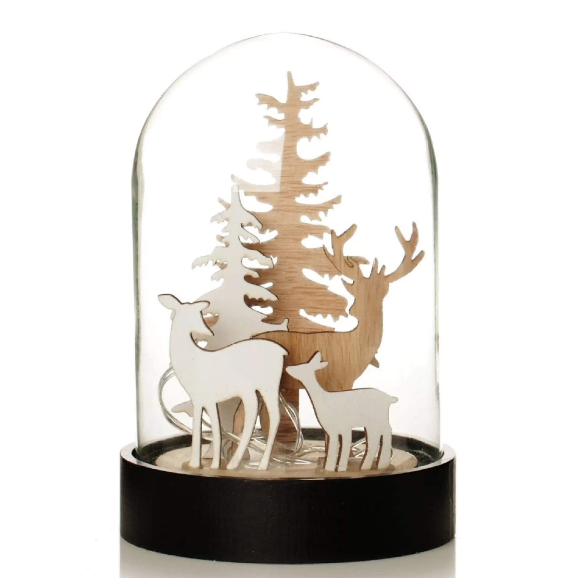 Dark Wood Base Glass Cloche with Reindeer Light-Up Scenes And Ornaments |