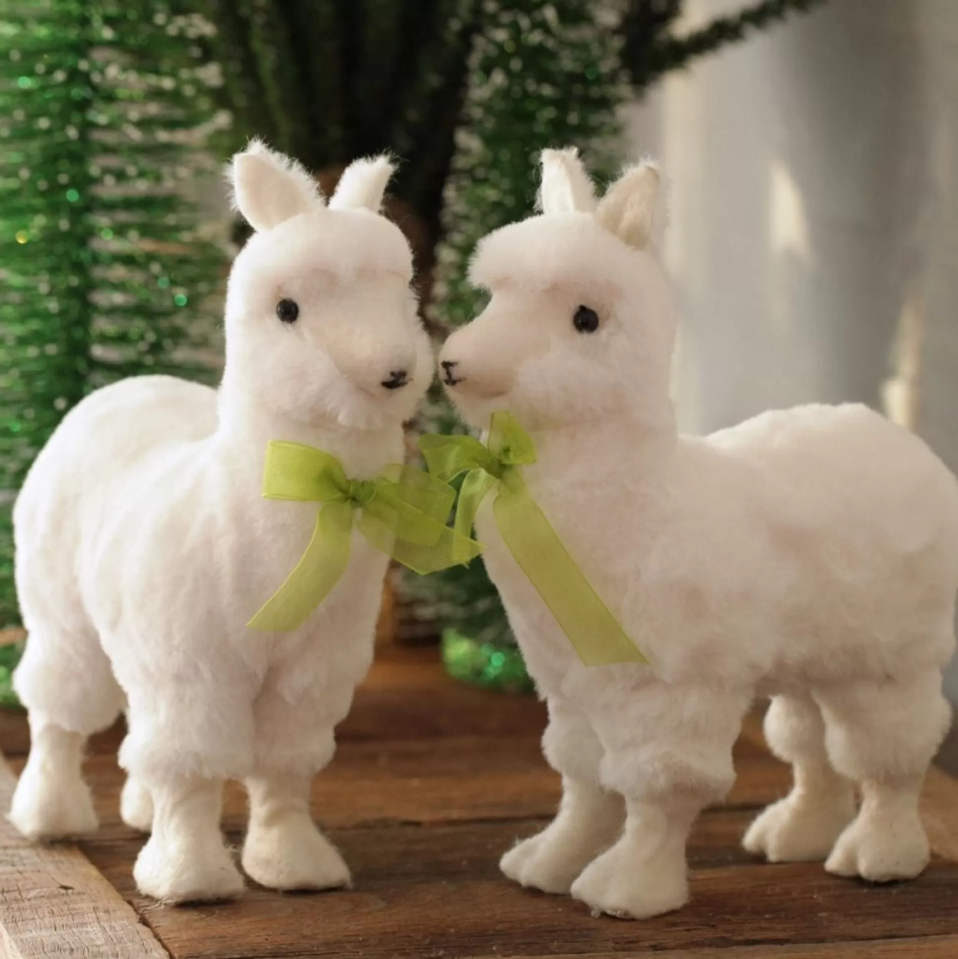 Fluffy White Llama with Green Bow Christmas Birds And Animals |