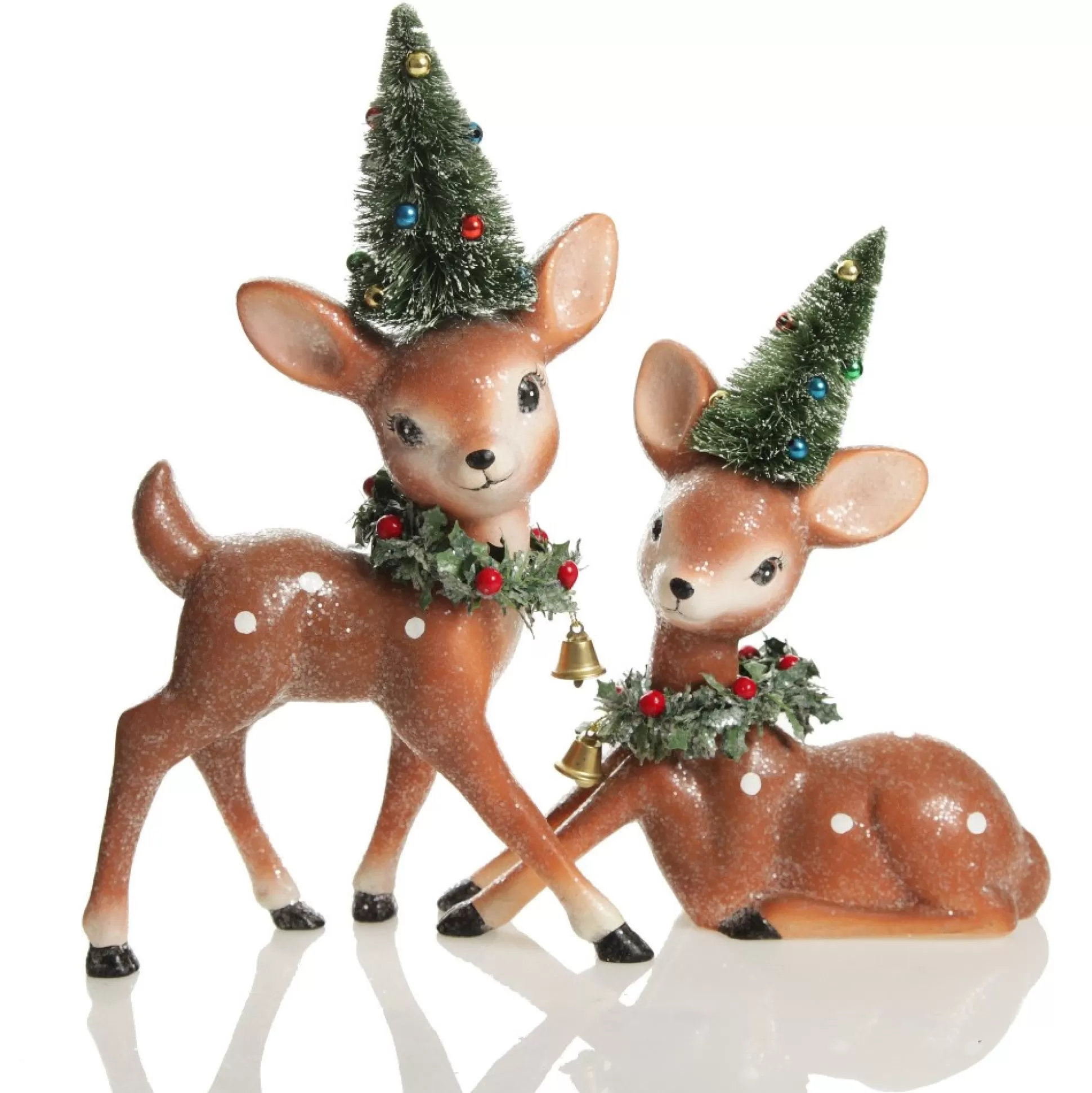 Frosted Retro Bambi Christmas Ornaments with Trees - Set of 2 Christmas Birds And Animals |