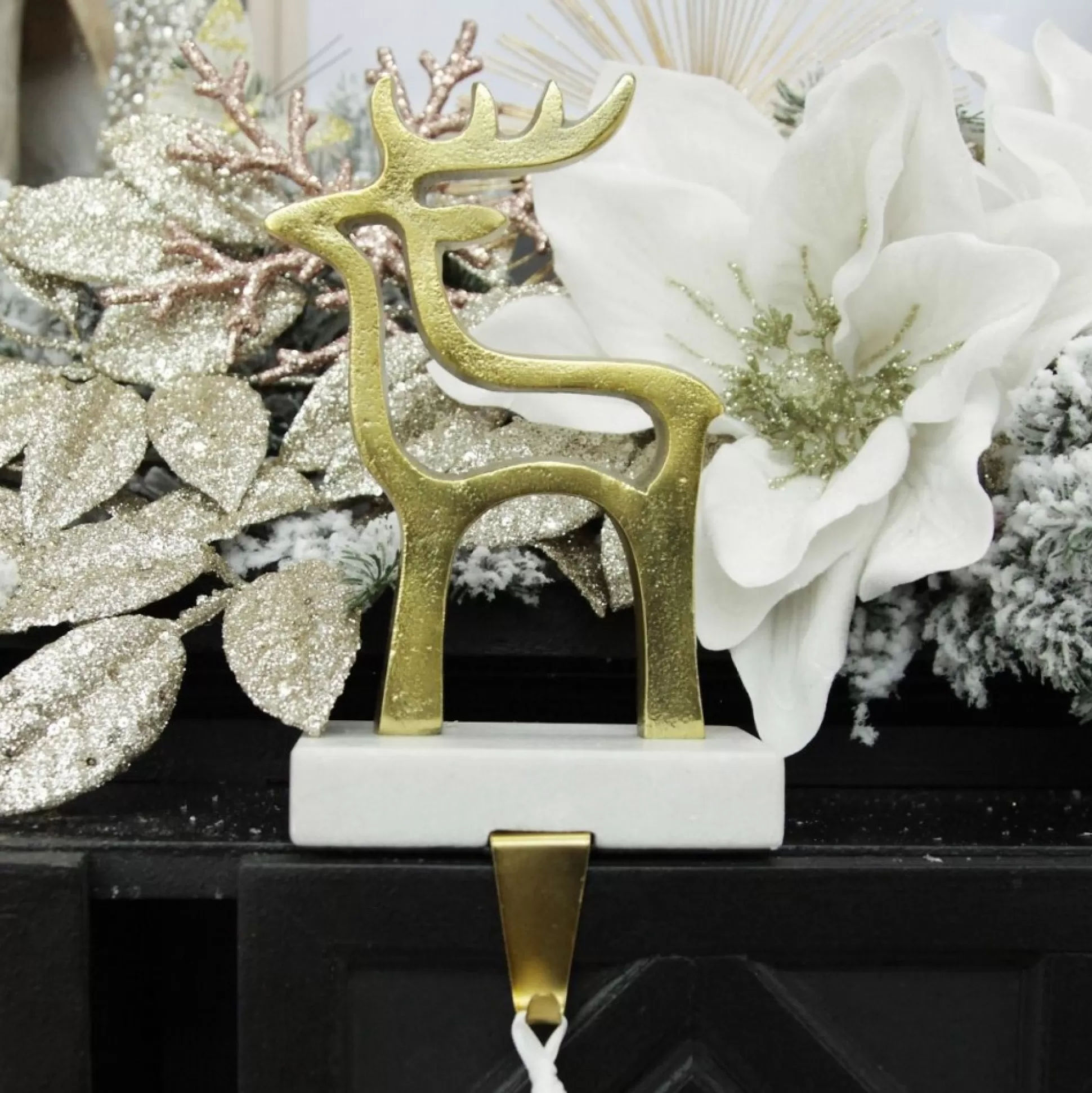Hollow Raw Gold Reindeer Christmas Stocking Hanger with Quartz Base Stocking Hangers |
