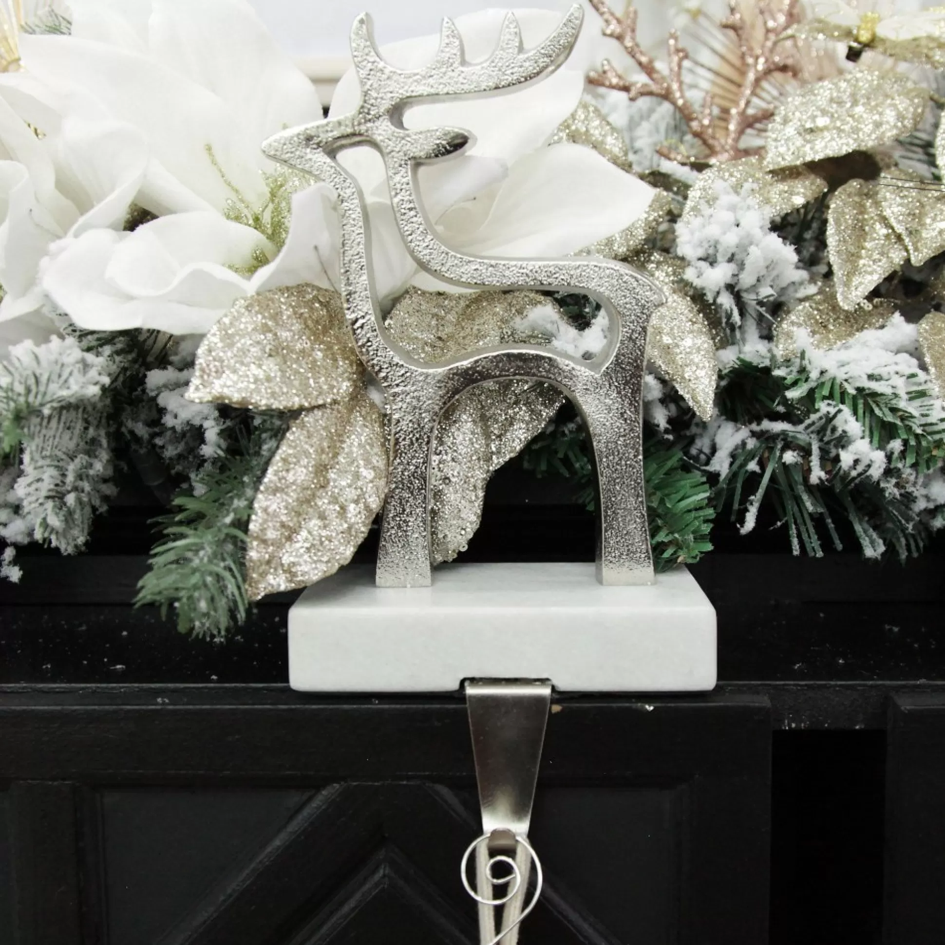 Hollow Raw Silver Reindeer Christmas Stocking Hanger with Quartz Base Stocking Hangers |