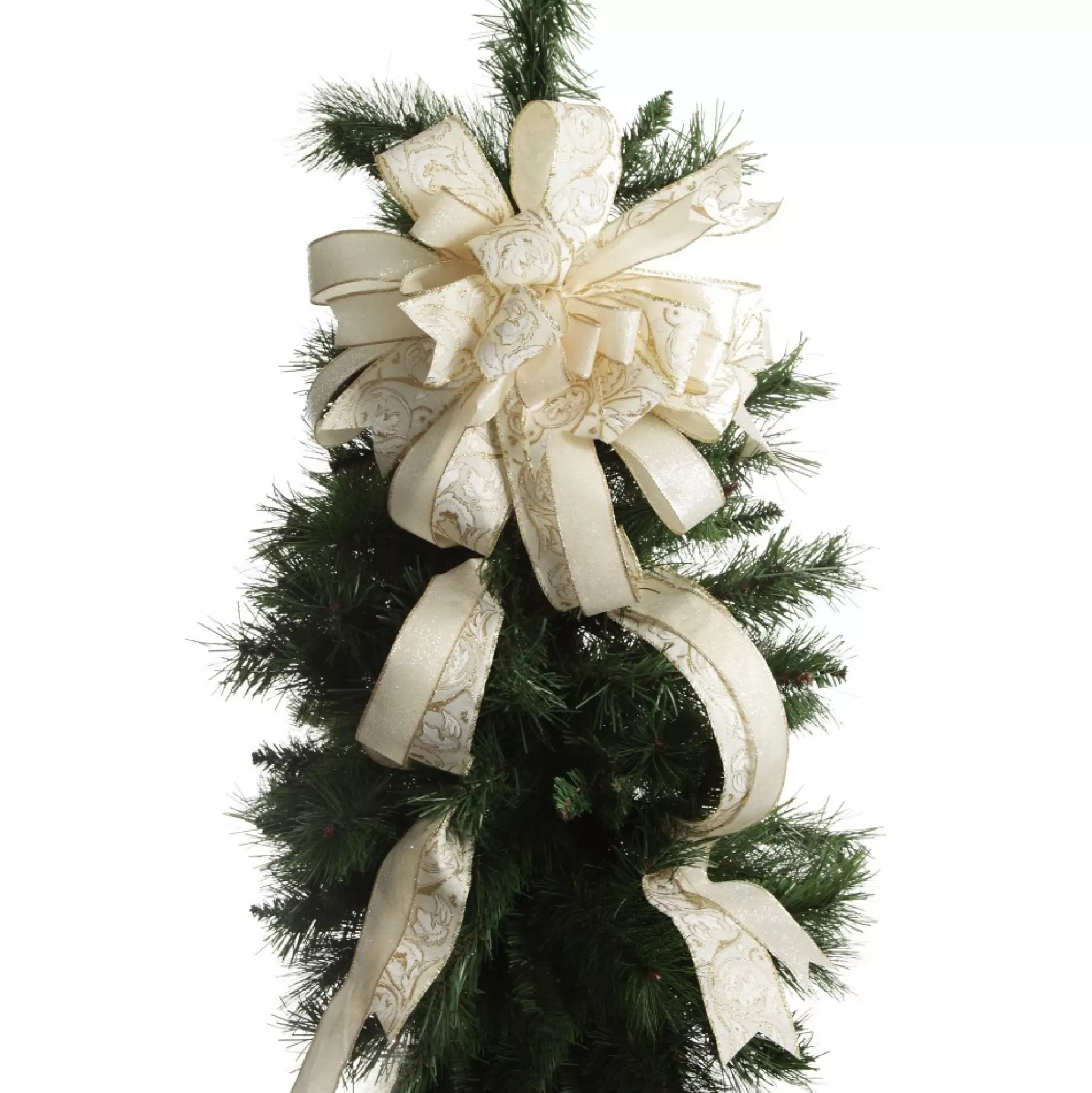 Ivory and Gold Glitter Deluxe Tree Topper Bow with Streamers Tree Toppers |