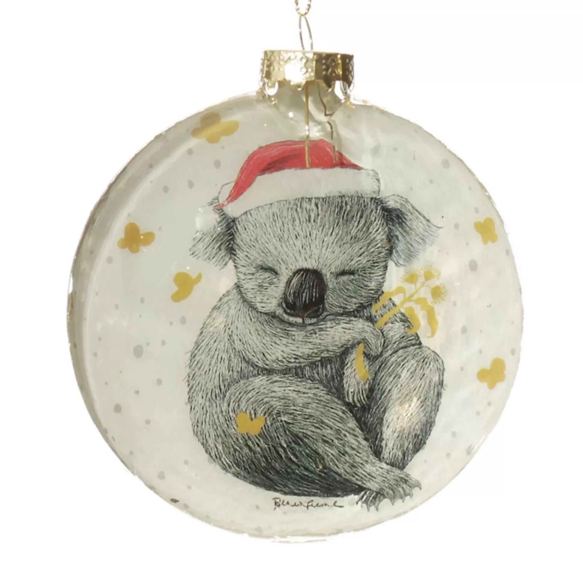 Koala with Santa Hat Glass Disc Glass Hearts And Discs | Koala With Santa Hat Glass Disc