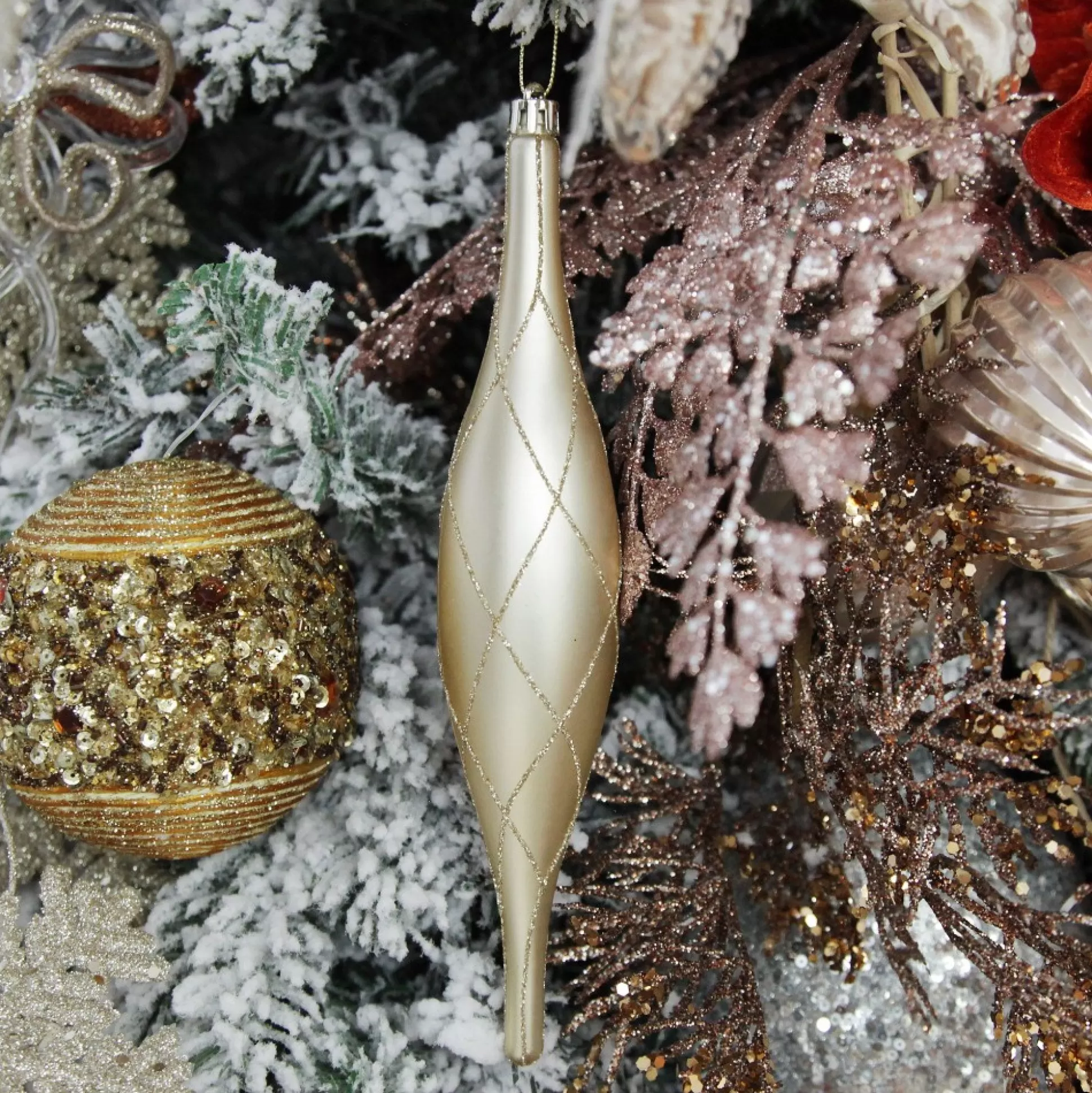 Large Champagne Christmas Long Drop Decoration - Set of 3 Finials And Drops |