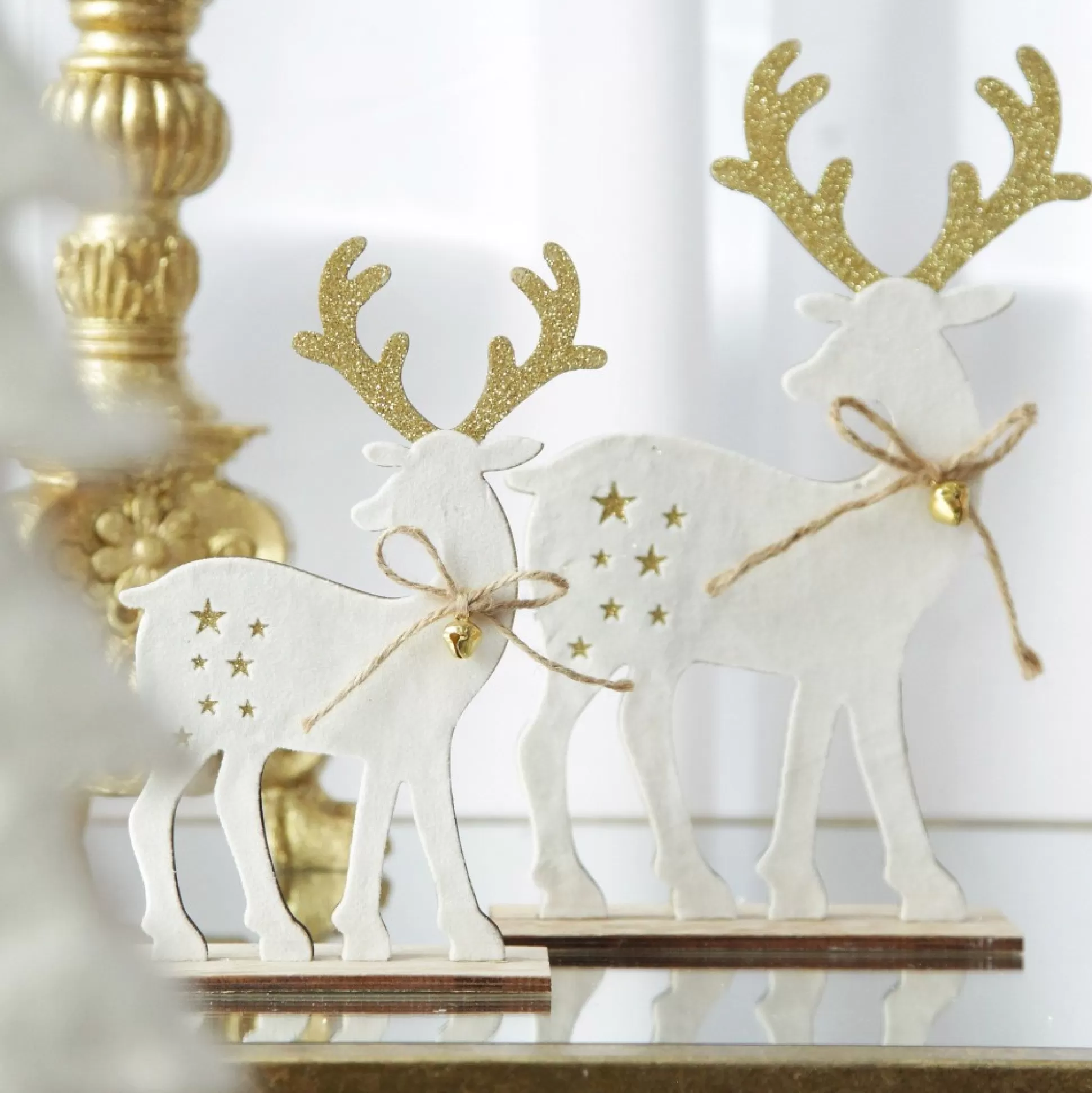 Large White Wood Deers with Gold Glitter Ornaments -Set of 2 Christmas Birds And Animals |