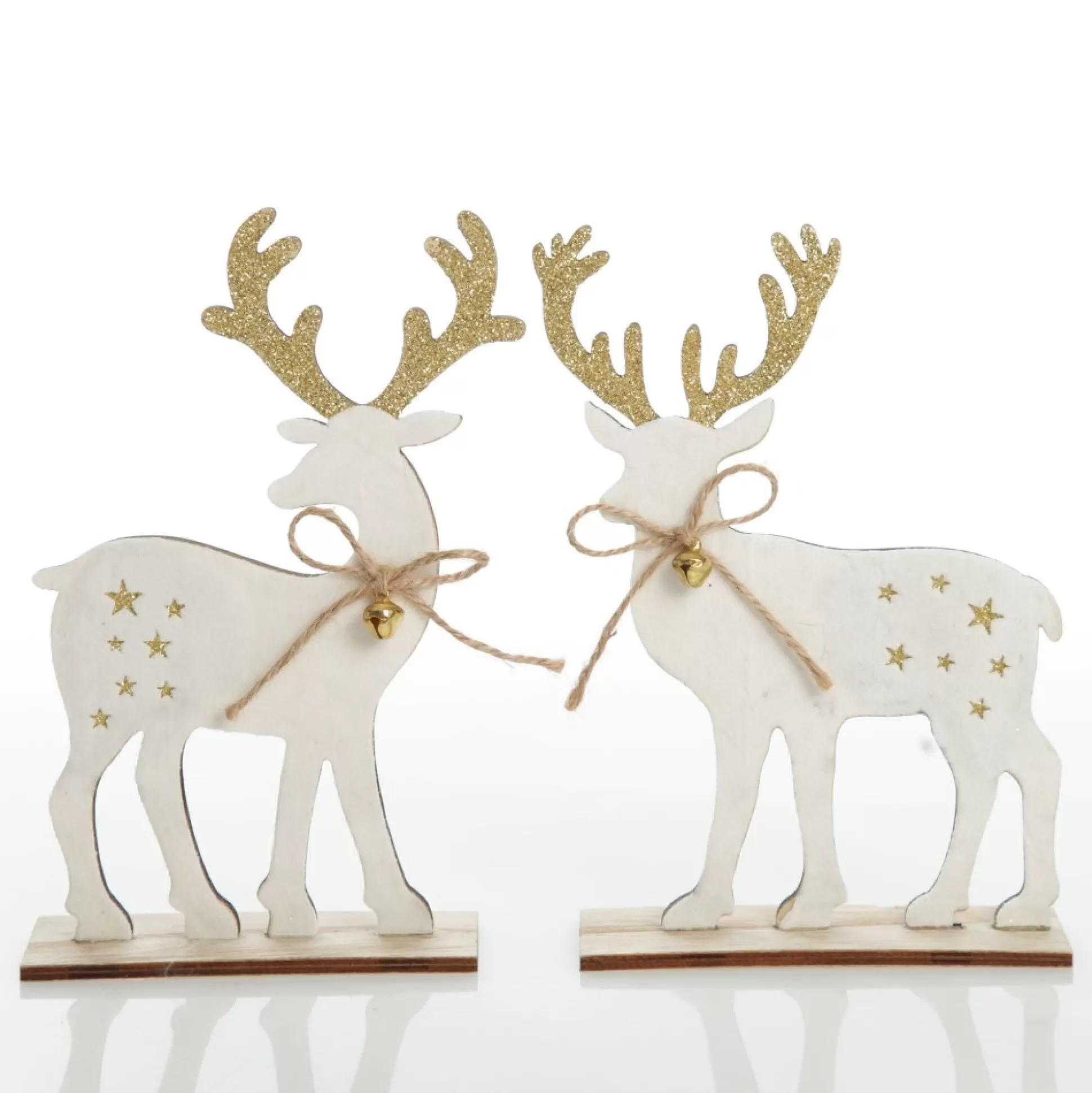 Large White Wood Deers with Gold Glitter Ornaments -Set of 2 Christmas Birds And Animals |