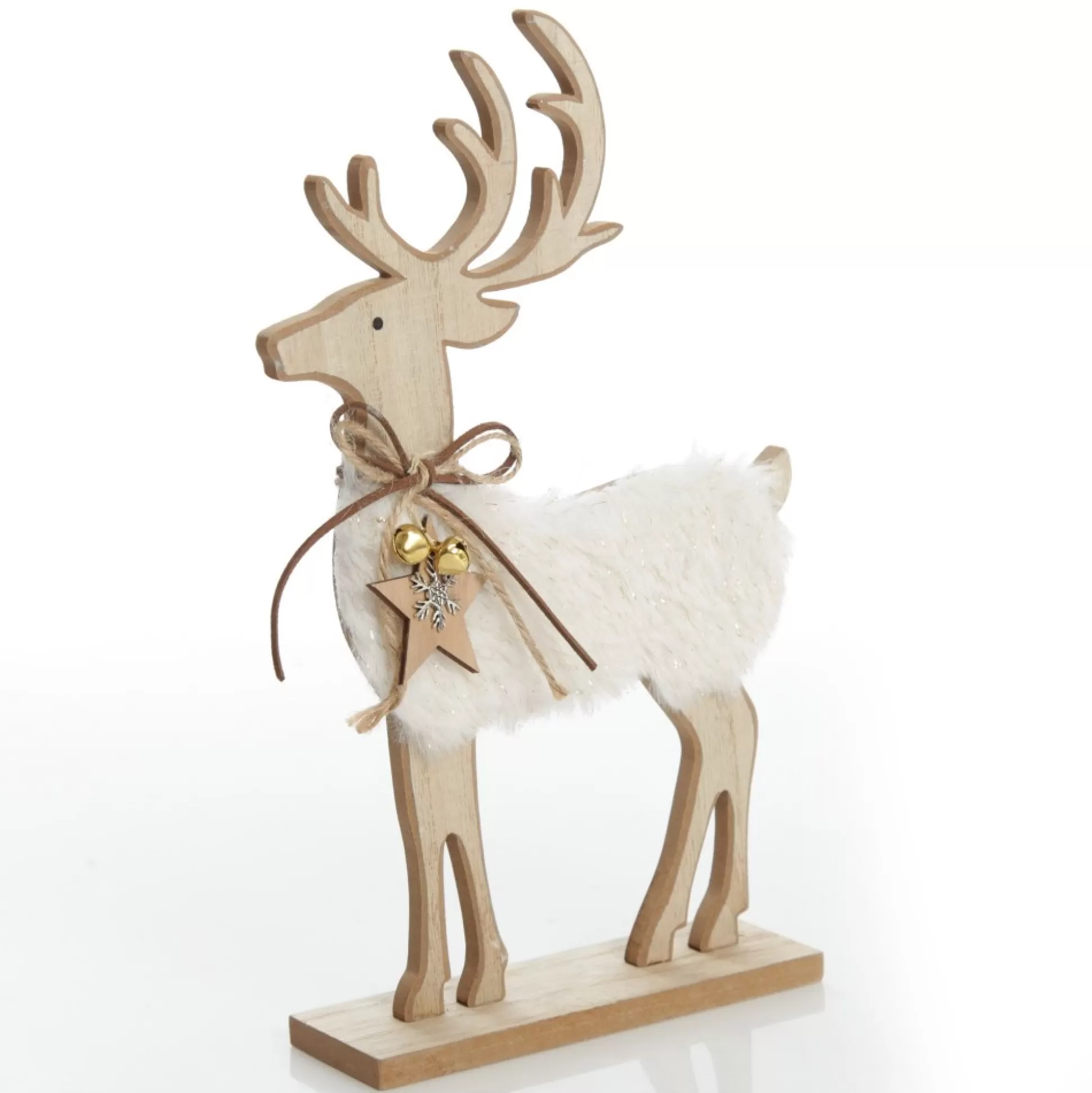 Large Wooden Reindeer with Fur Christmas Ornament and Neck Tie Christmas Birds And Animals |