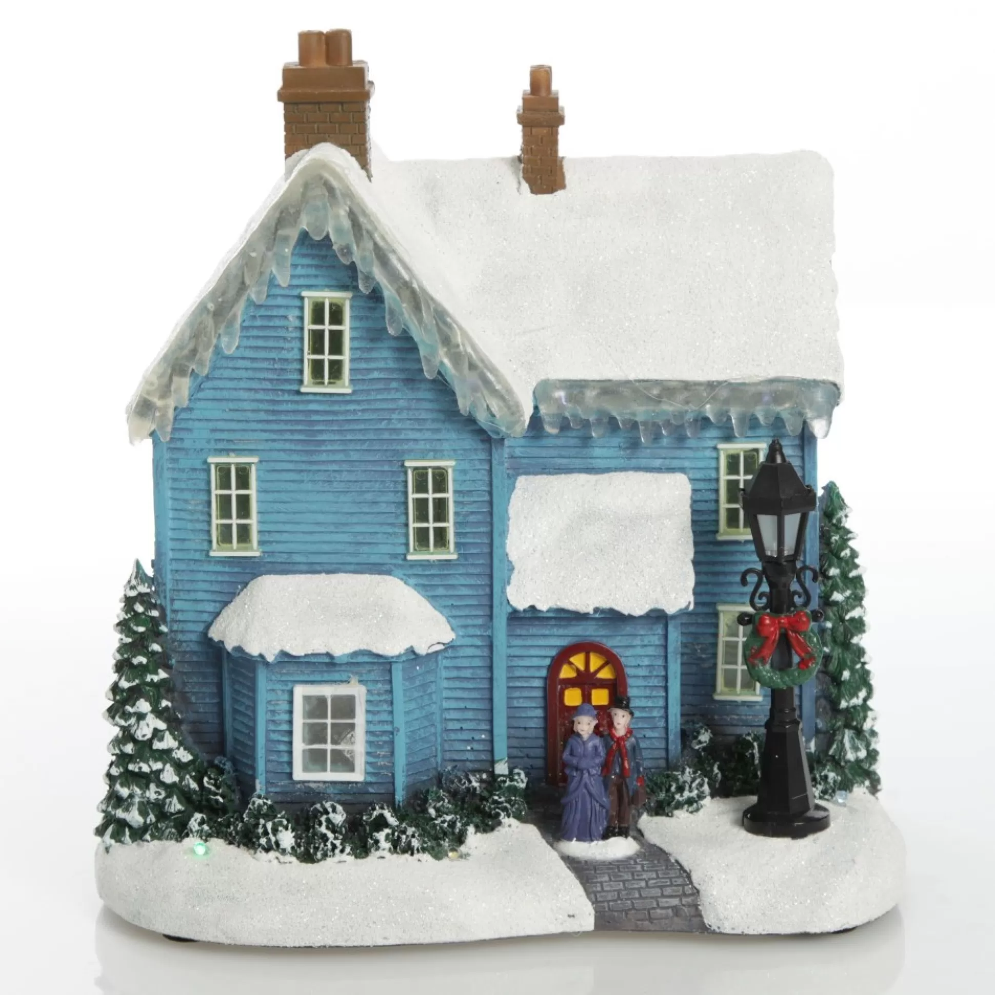 Lightup Musical Snowcapped Blue House Christmas Ornament Light-Up Scenes And Ornaments |