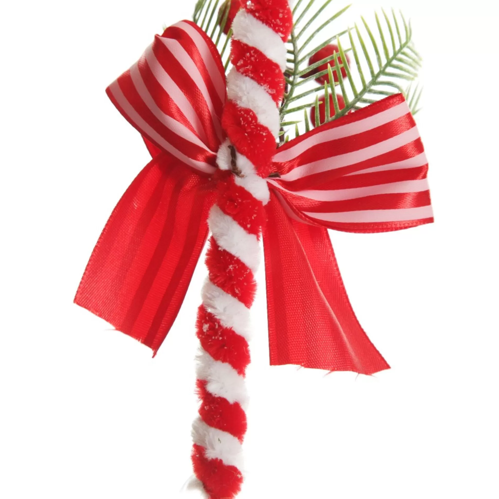 Medium Chenille Stick Christmas Candy Cane with Pine and Berries - Set of 2 Christmas Tree Decorations |