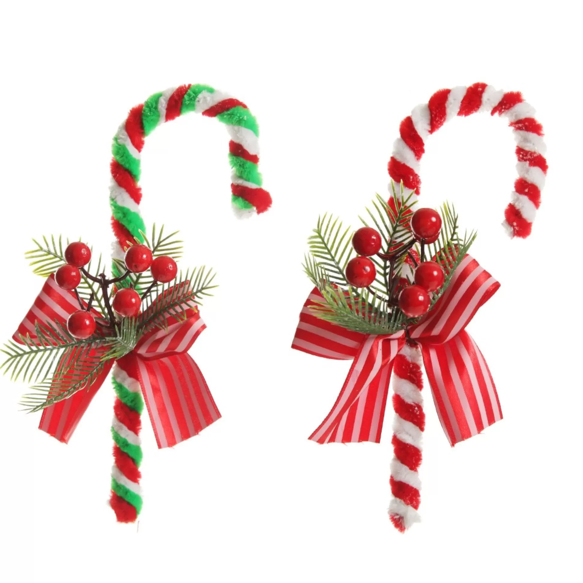 Medium Chenille Stick Christmas Candy Cane with Pine and Berries - Set of 2 Christmas Tree Decorations |