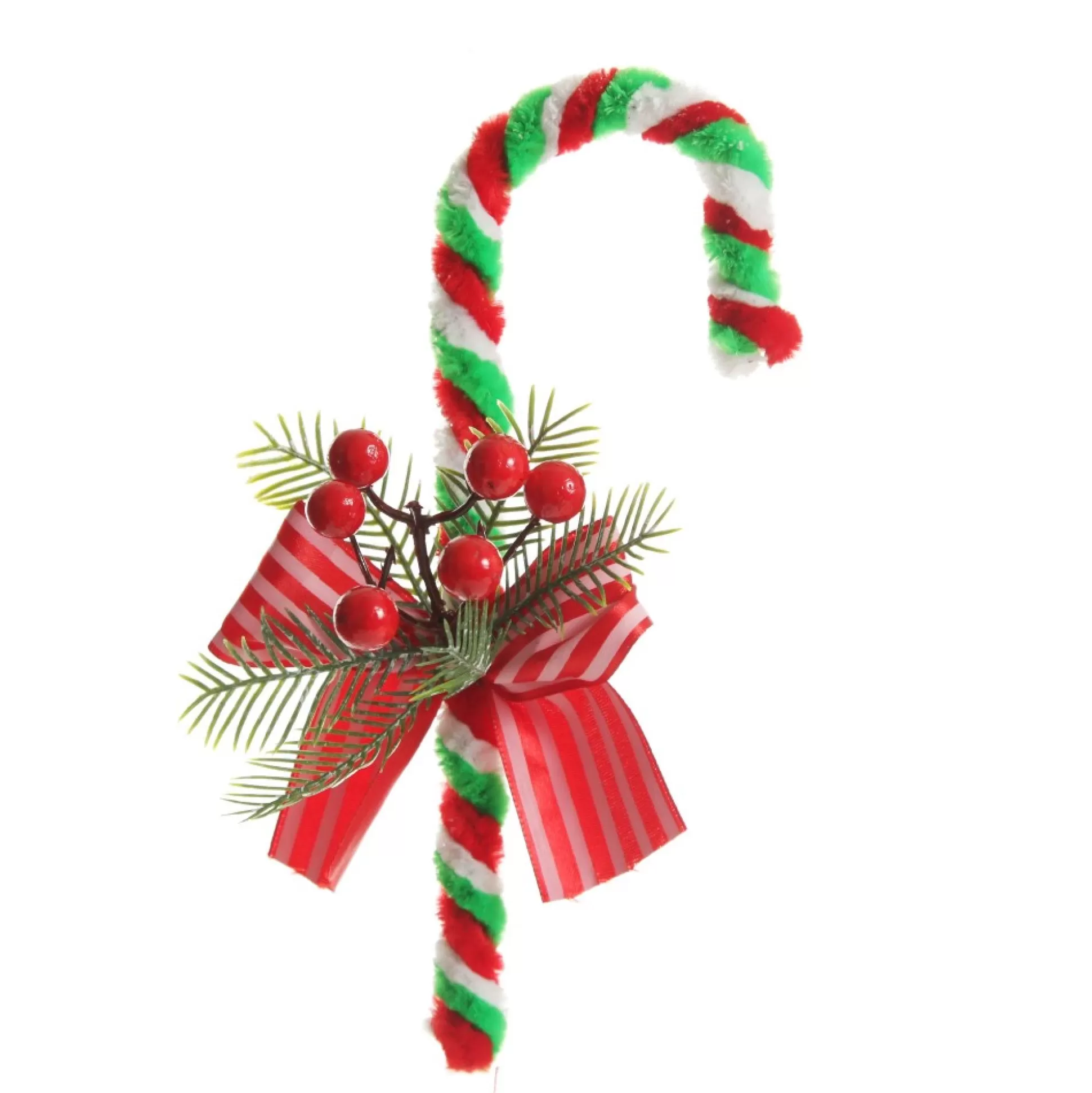 Medium Chenille Stick Christmas Candy Cane with Pine and Berries - Set of 2 Christmas Tree Decorations |