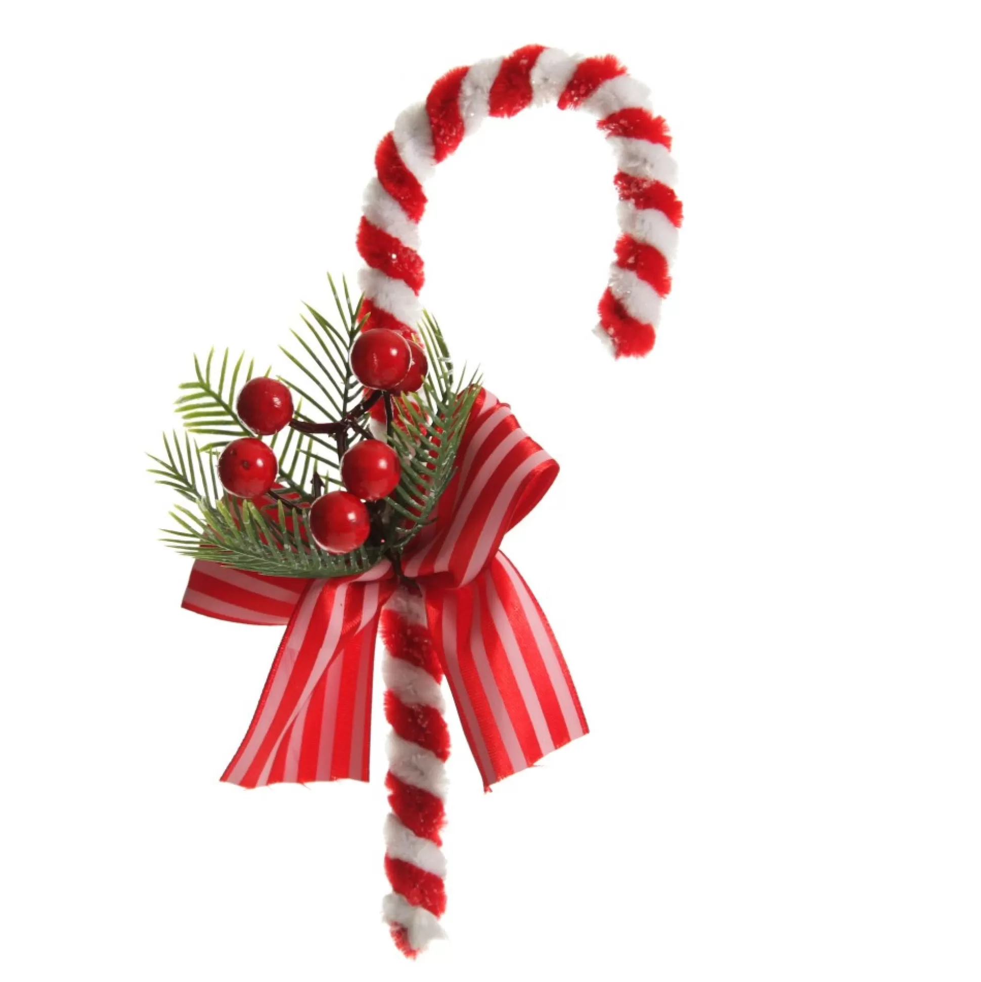Medium Chenille Stick Christmas Candy Cane with Pine and Berries - Set of 2 Christmas Tree Decorations |