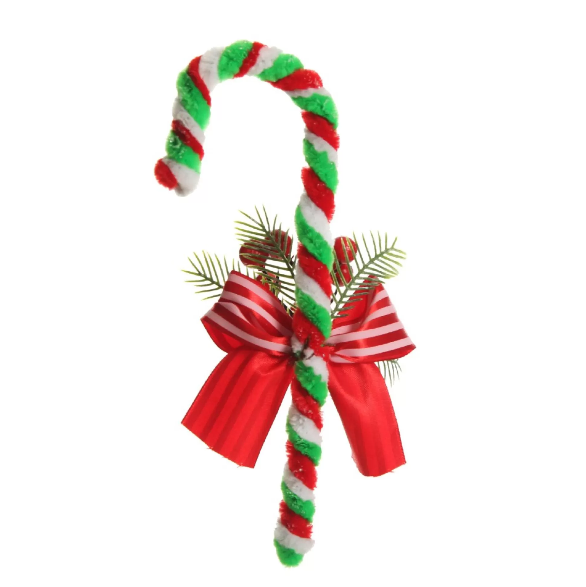 Medium Chenille Stick Christmas Candy Cane with Pine and Berries - Set of 2 Christmas Tree Decorations |