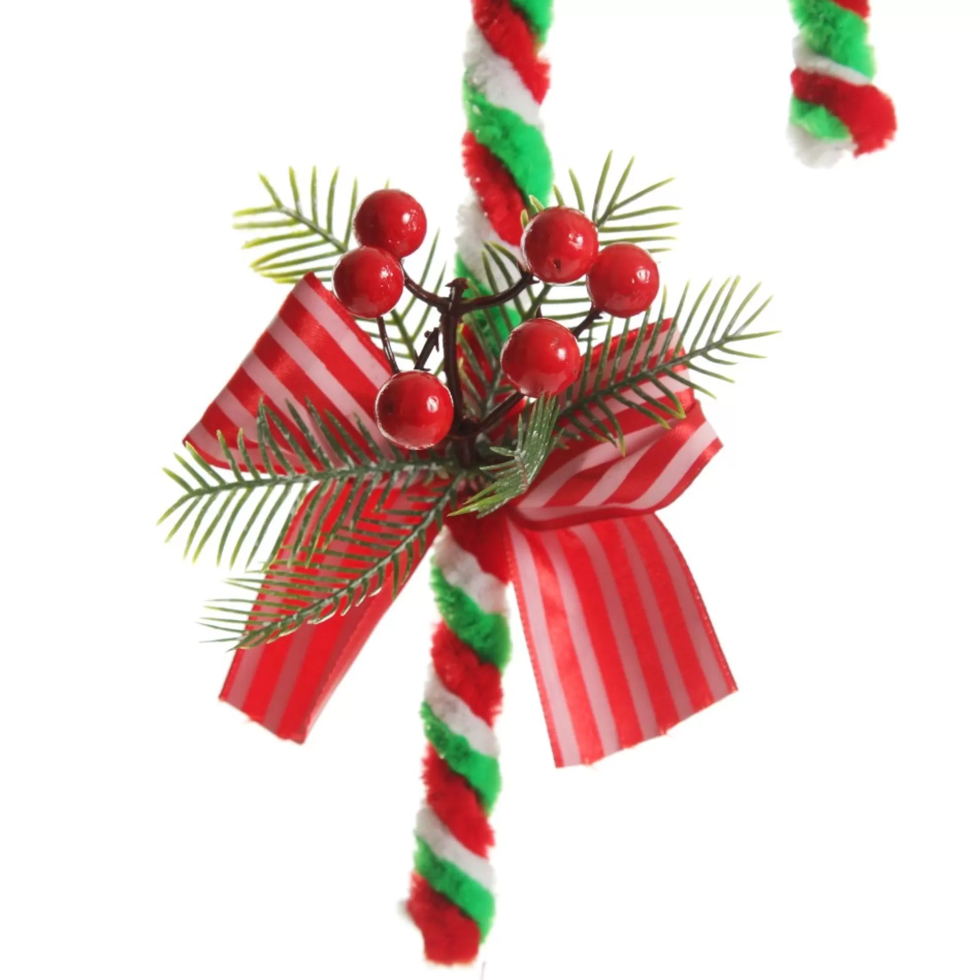 Medium Chenille Stick Christmas Candy Cane with Pine and Berries - Set of 2 Christmas Tree Decorations |