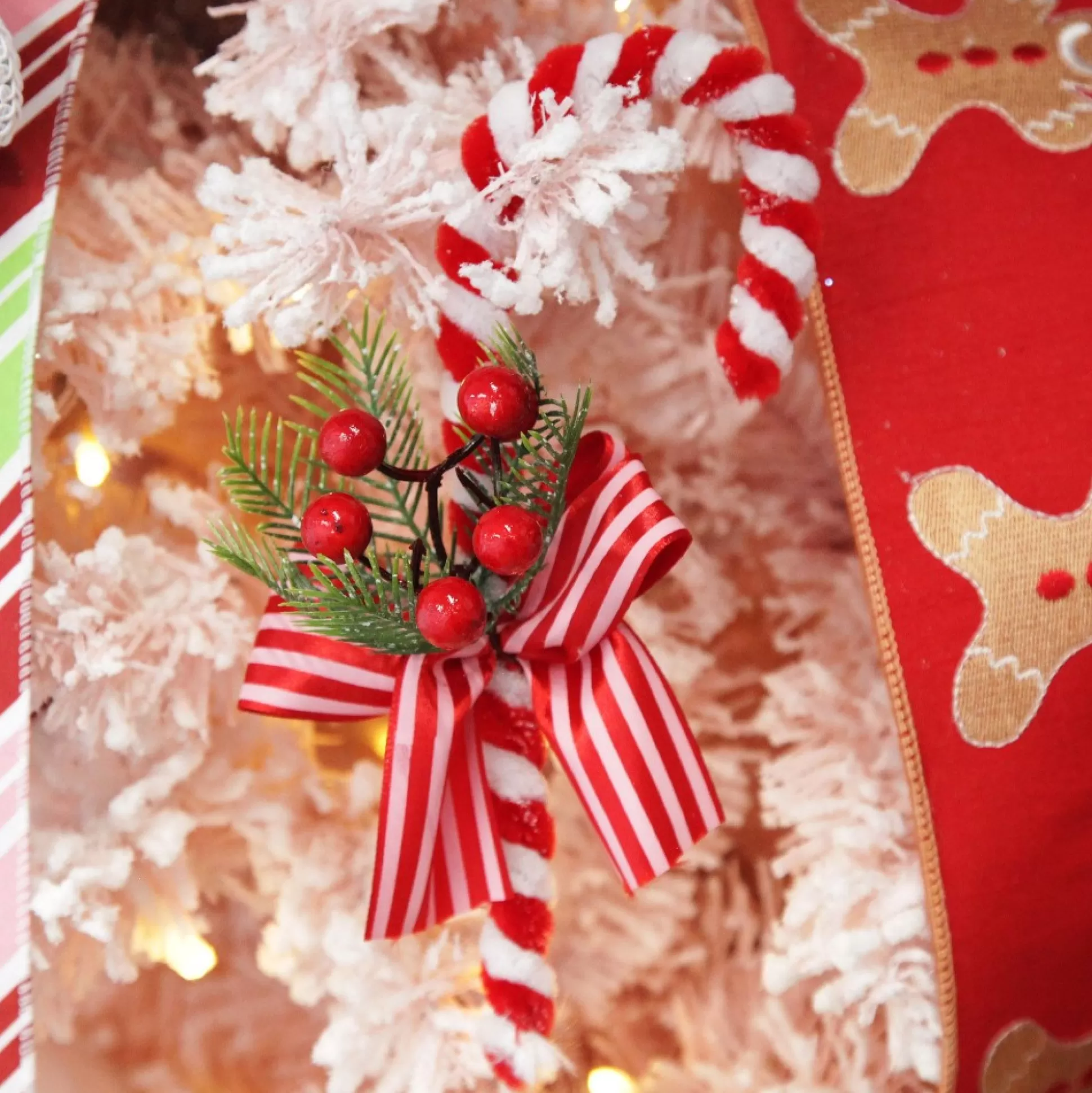 Medium Chenille Stick Christmas Candy Cane with Pine and Berries - Set of 2 Christmas Tree Decorations |