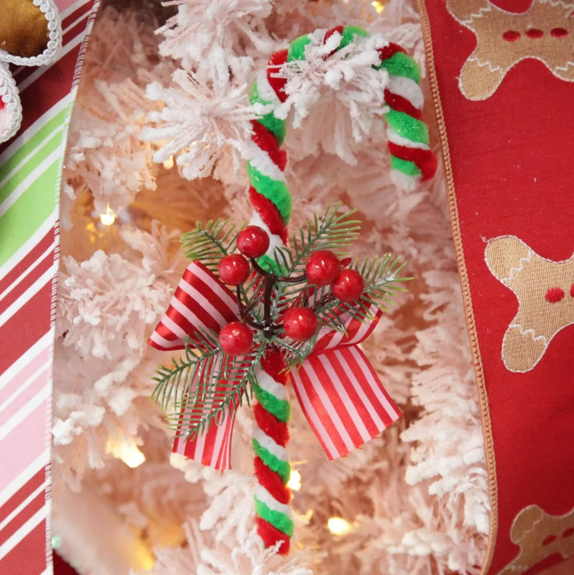 Medium Chenille Stick Christmas Candy Cane with Pine and Berries - Set of 2 Christmas Tree Decorations |