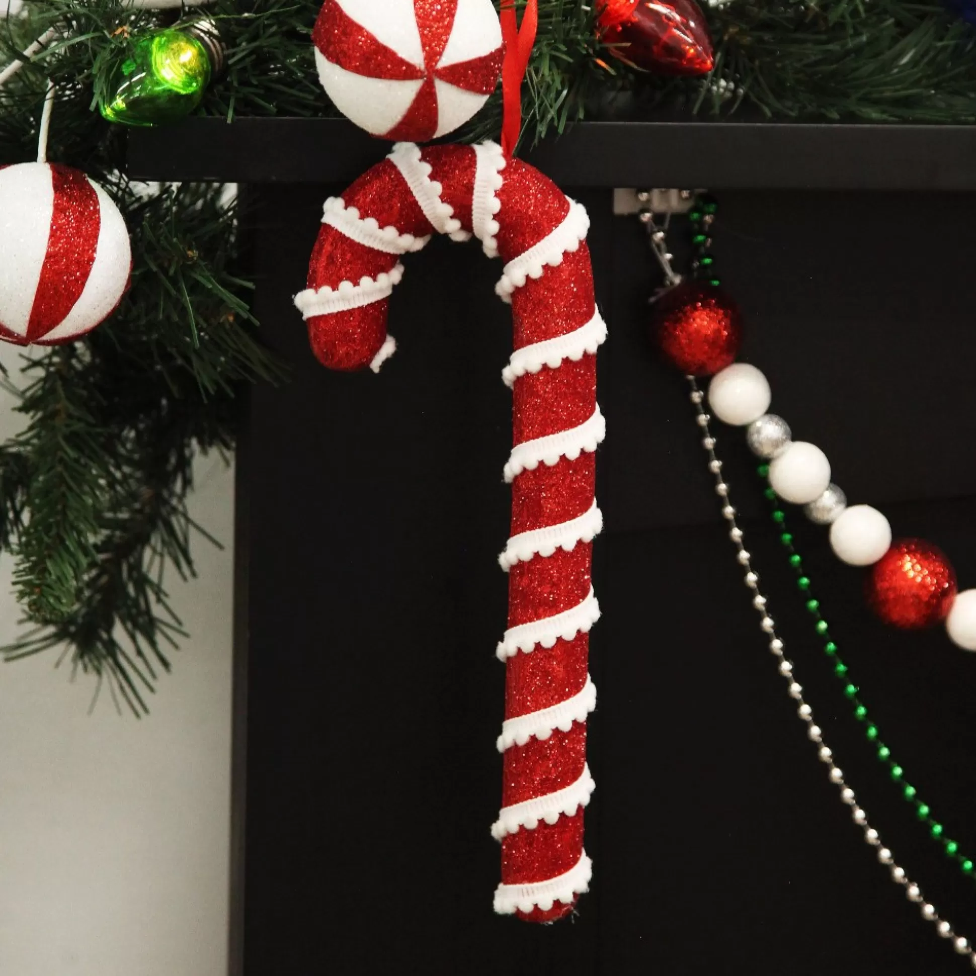 Medium Glitter with Braid and Twine Candy Cane Christmas Decoration - Set of 2 Christmas Tree Decorations |
