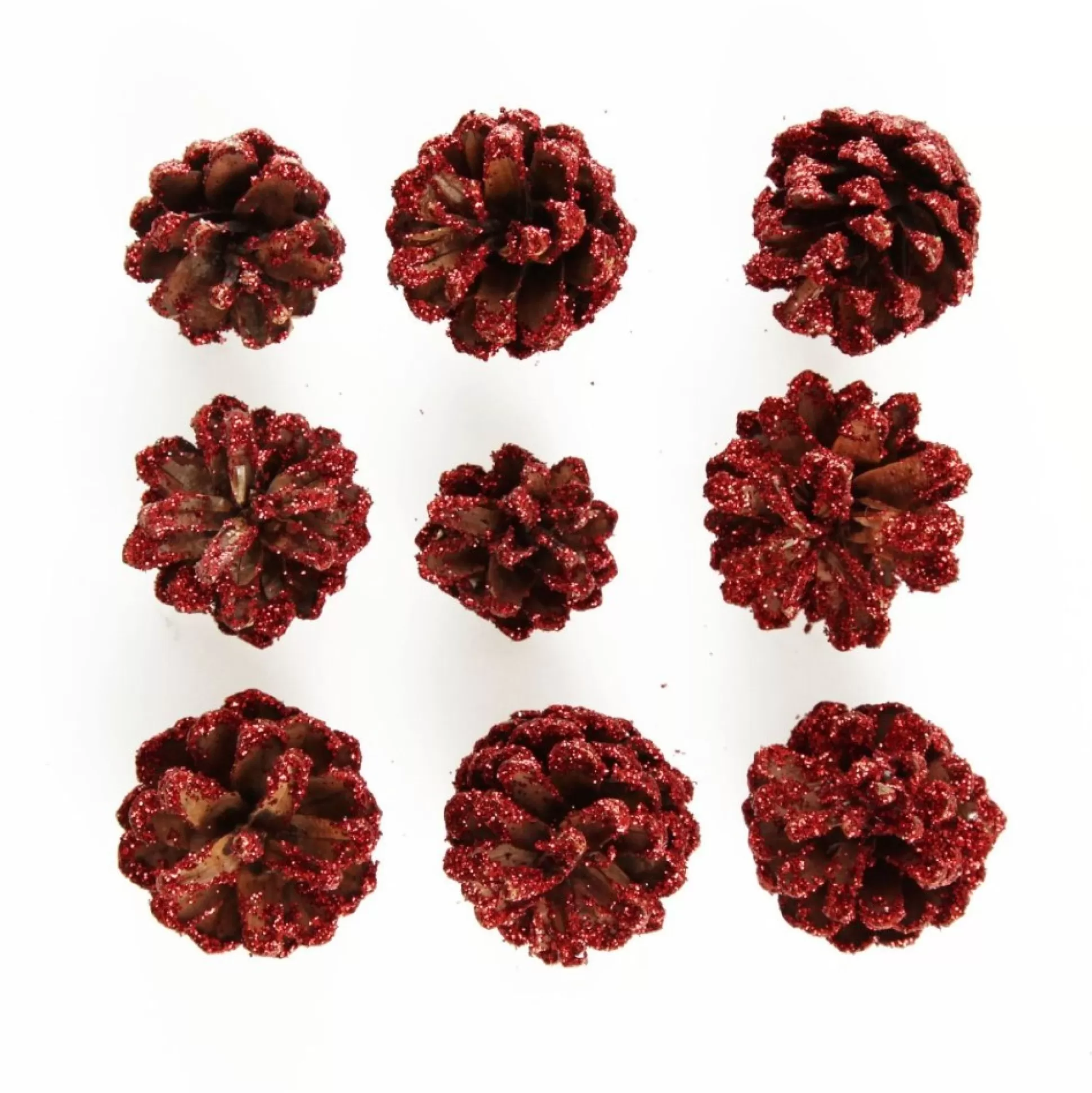 Mini Red Glitter Tipped Natural Pincones - Pack of 9 Pinecones And Acorns |