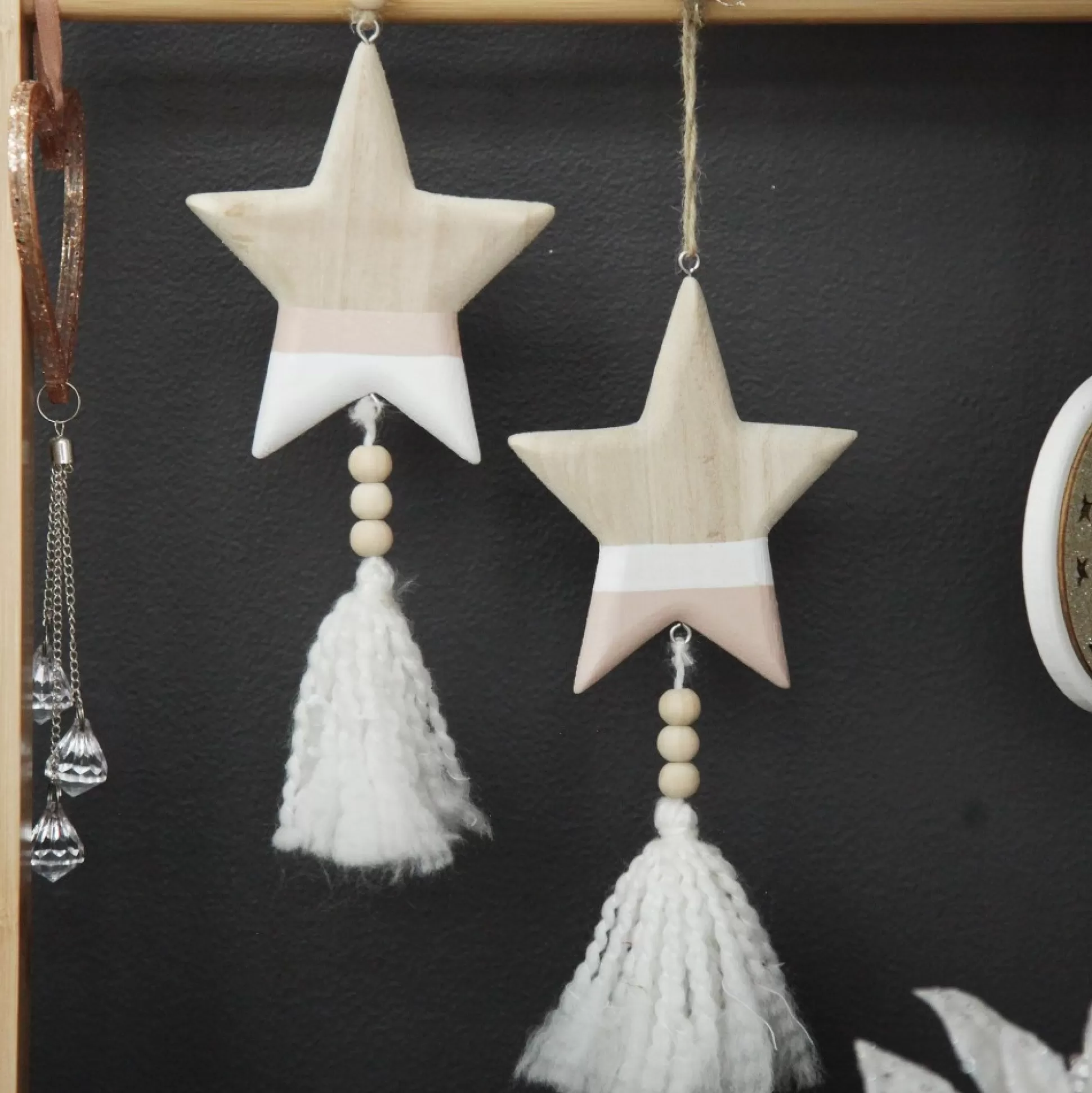 Natural and White Wooden Stars with Tassels Tree Decorations - Set of 2 Christmas Tree Decorations |