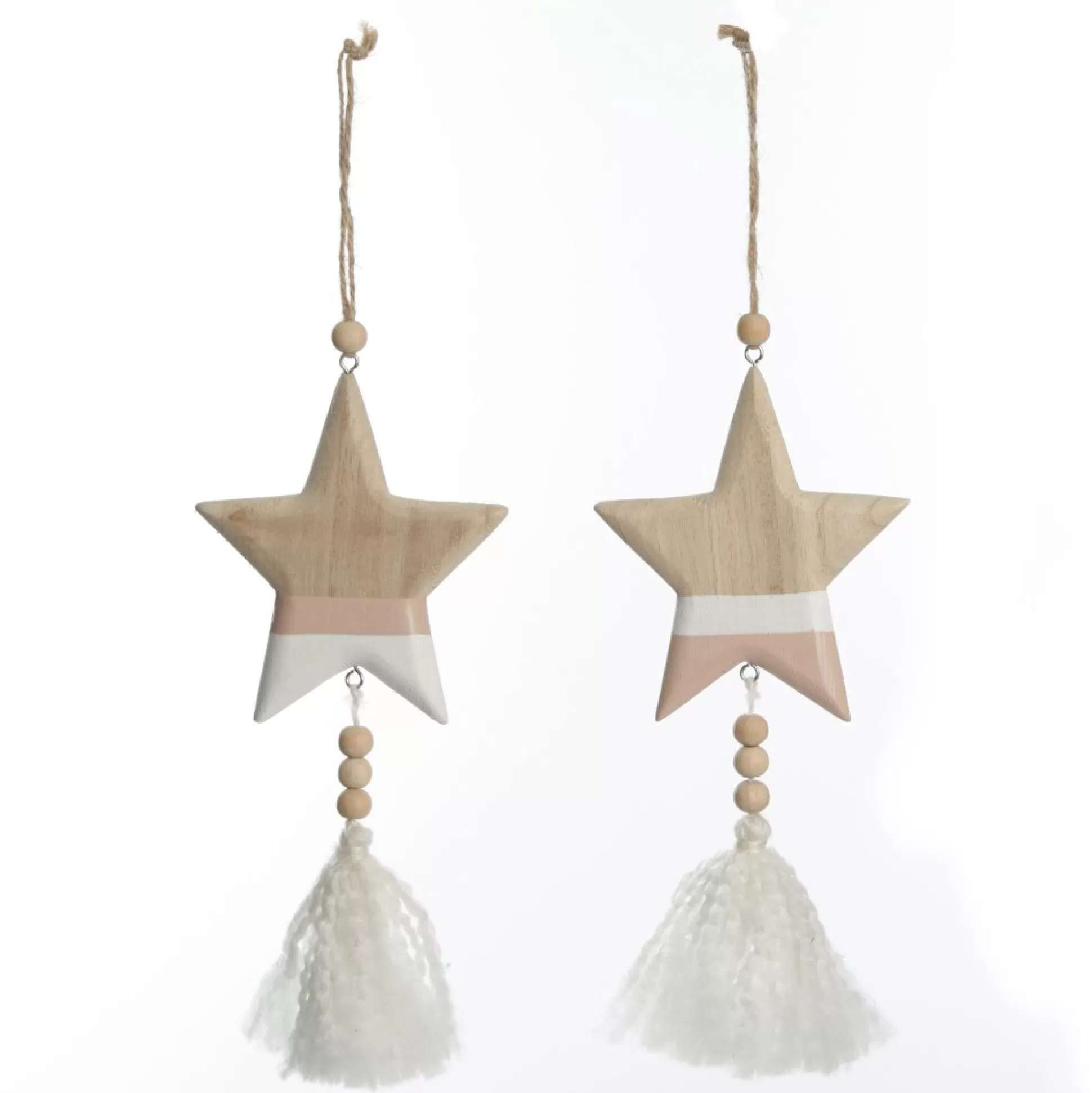 Natural and White Wooden Stars with Tassels Tree Decorations - Set of 2 Christmas Tree Decorations |