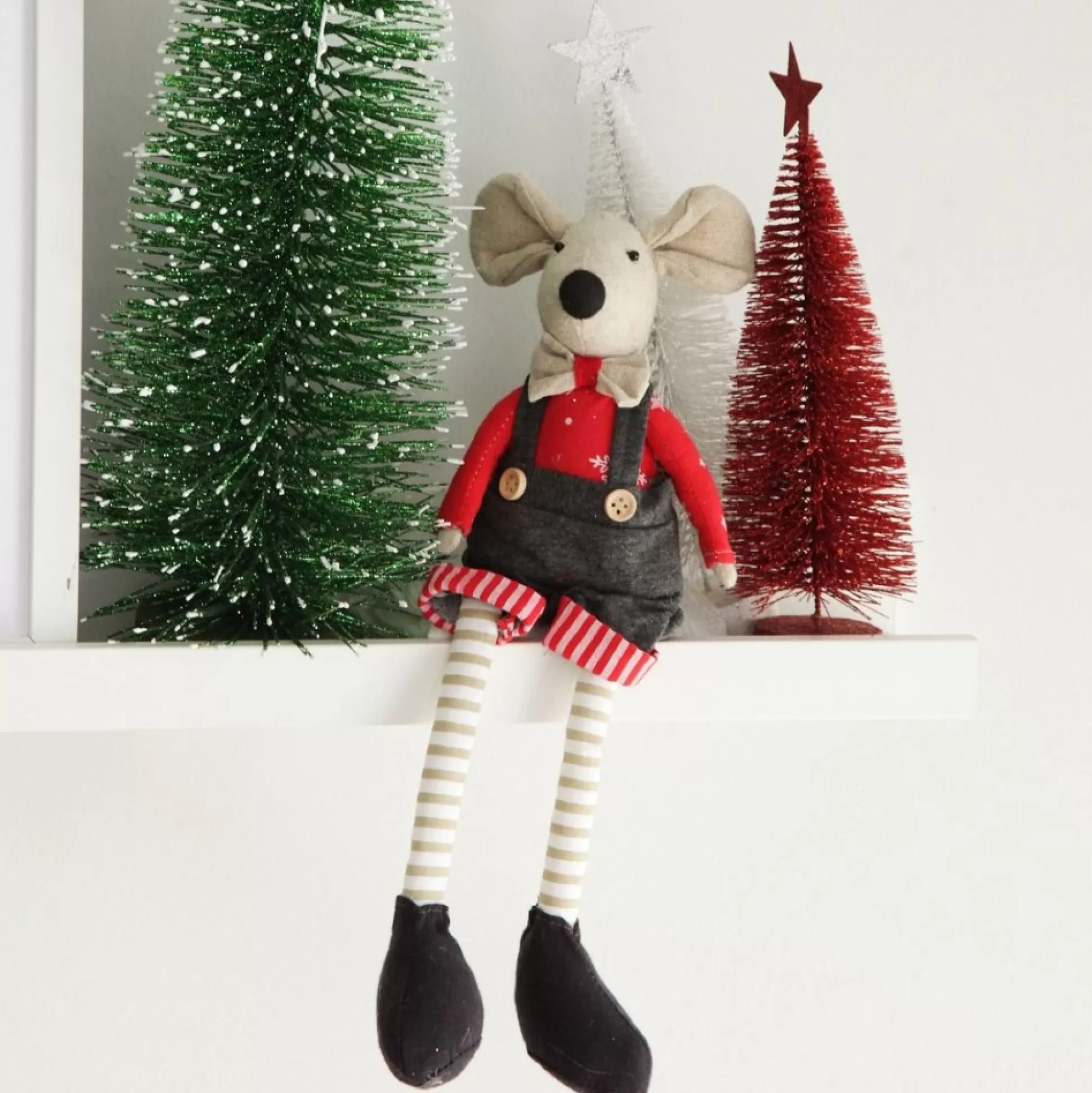Natural Calico Fabric Boy Mouse with Grey Overalls and Stripey Legs Christmas Birds And Animals |