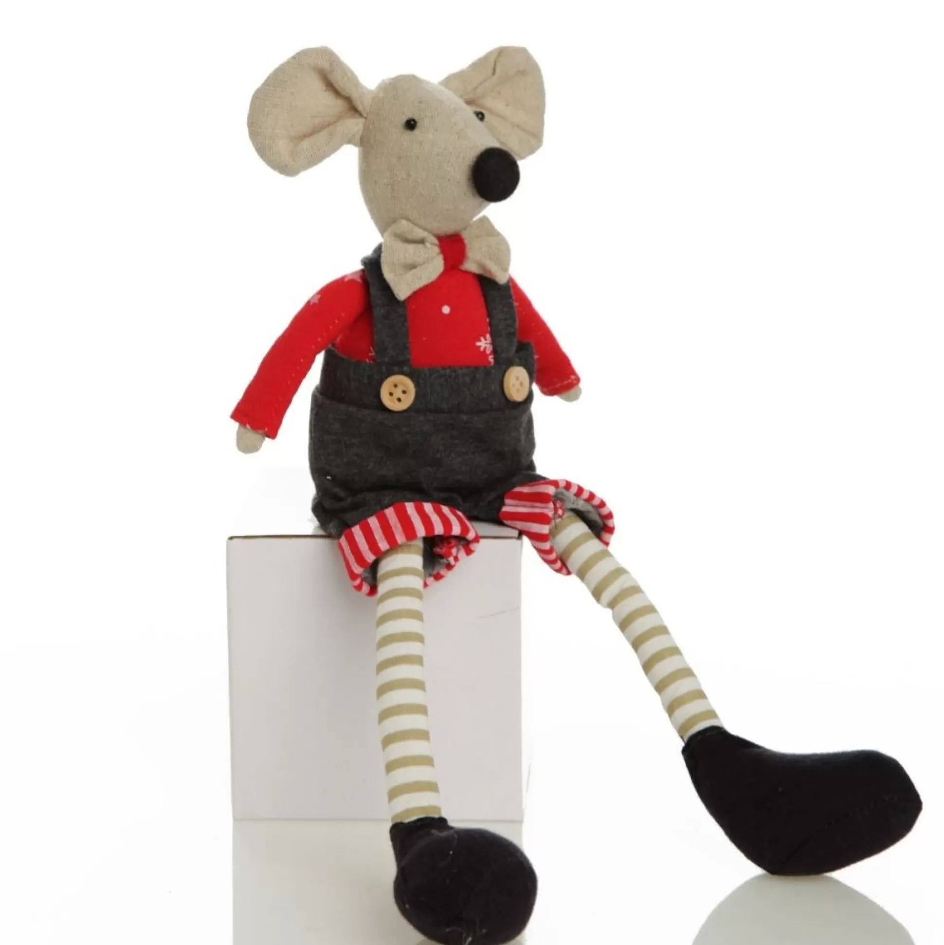 Natural Calico Fabric Boy Mouse with Grey Overalls and Stripey Legs Christmas Birds And Animals |