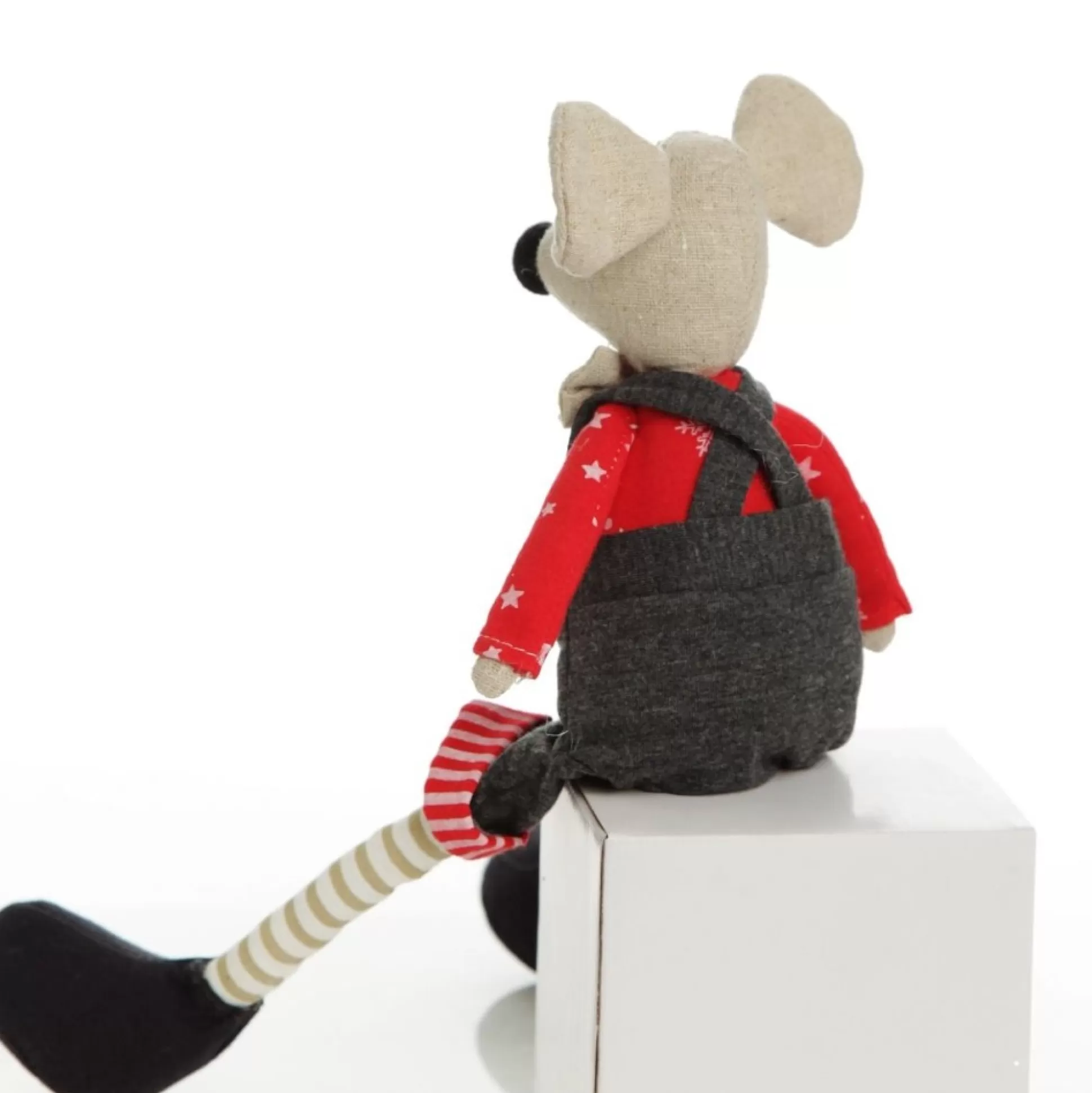 Natural Calico Fabric Boy Mouse with Grey Overalls and Stripey Legs Christmas Birds And Animals |
