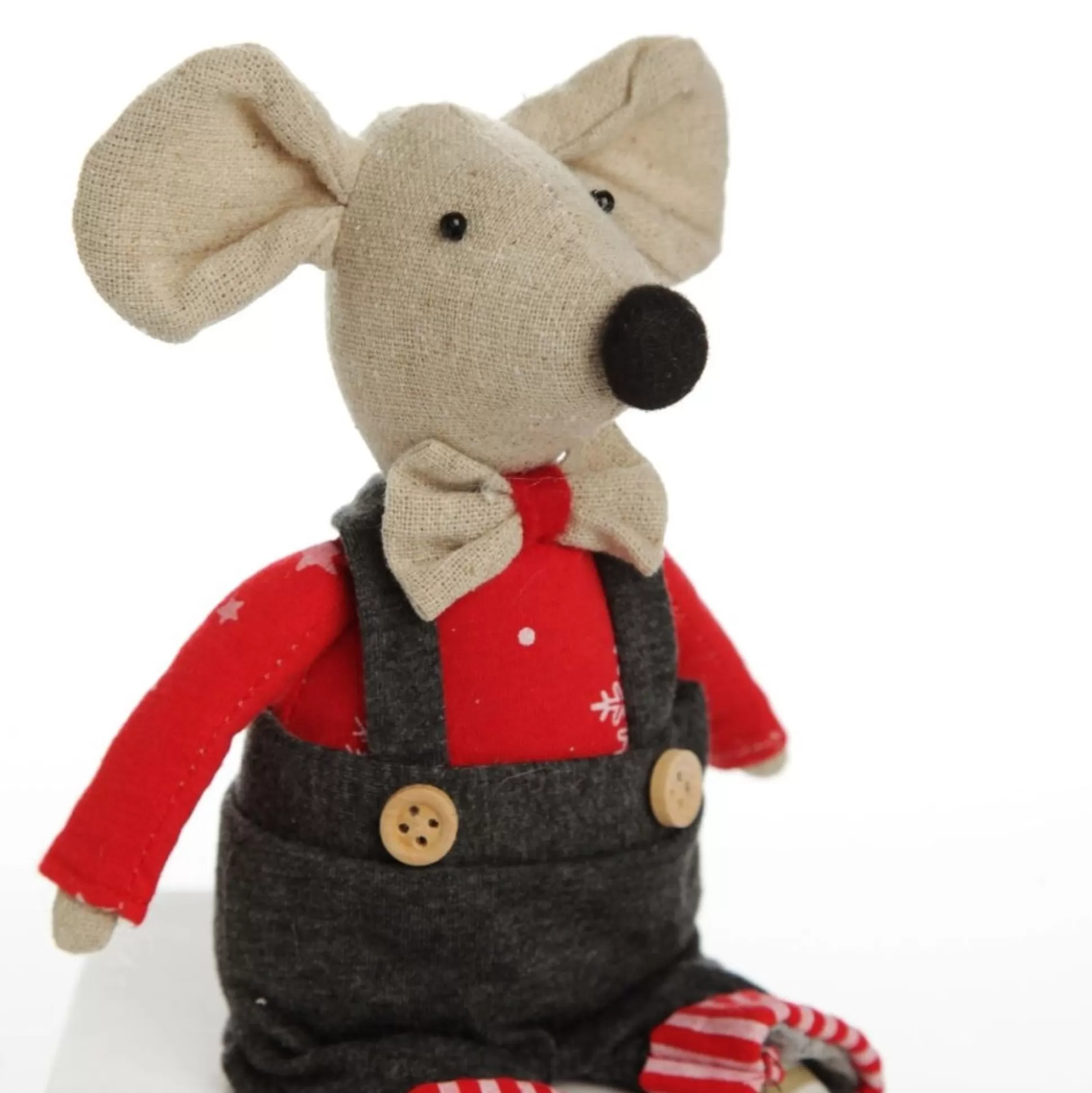 Natural Calico Fabric Boy Mouse with Grey Overalls and Stripey Legs Christmas Birds And Animals |