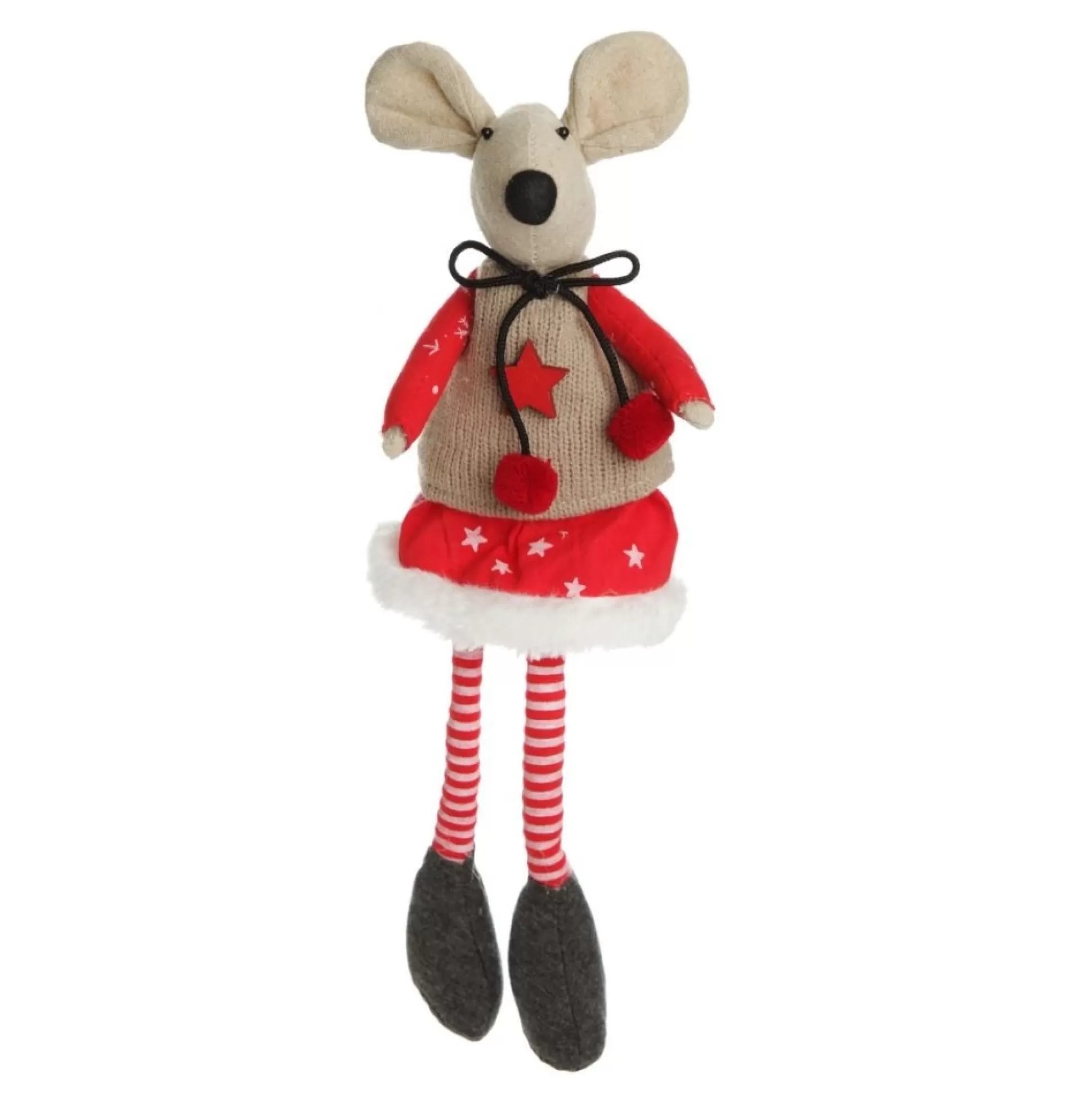 Natural Calico Fabric Girl Mouse with Red Dress and Stripey Legs Christmas Birds And Animals |