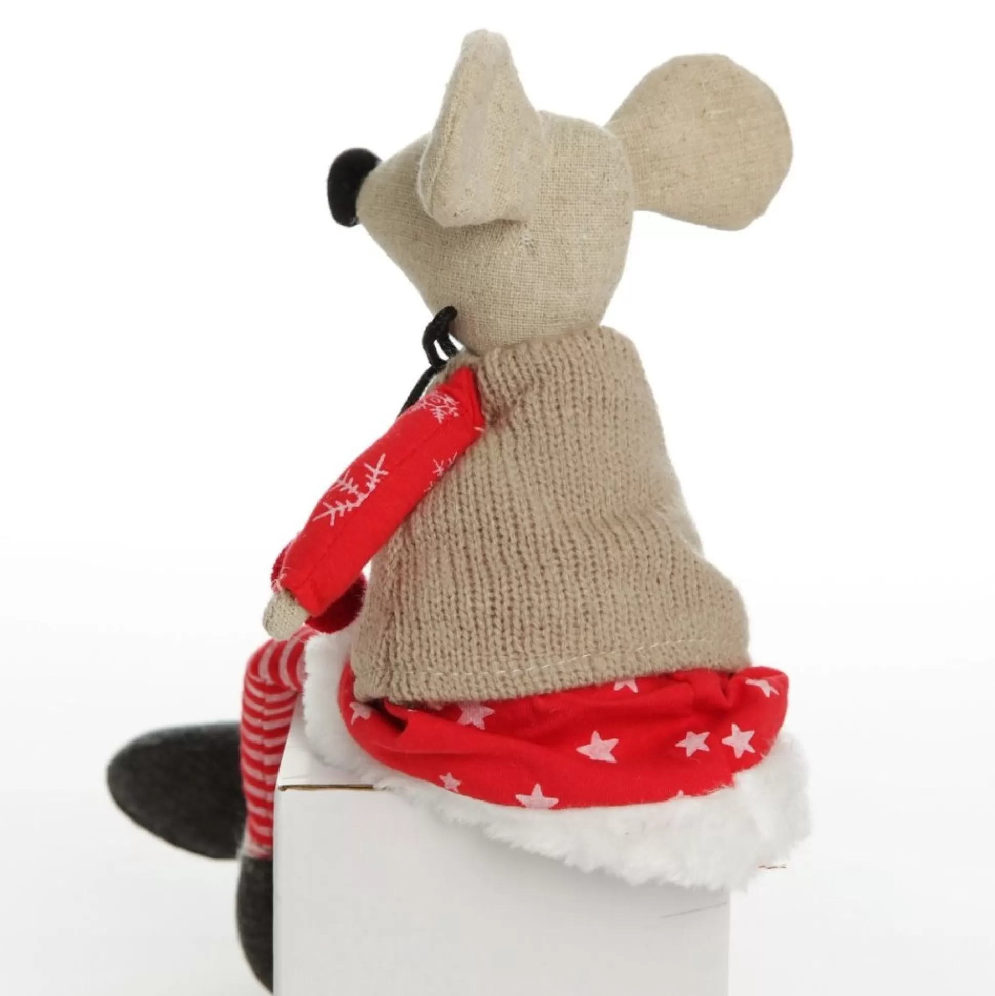 Natural Calico Fabric Girl Mouse with Red Dress and Stripey Legs Christmas Birds And Animals |