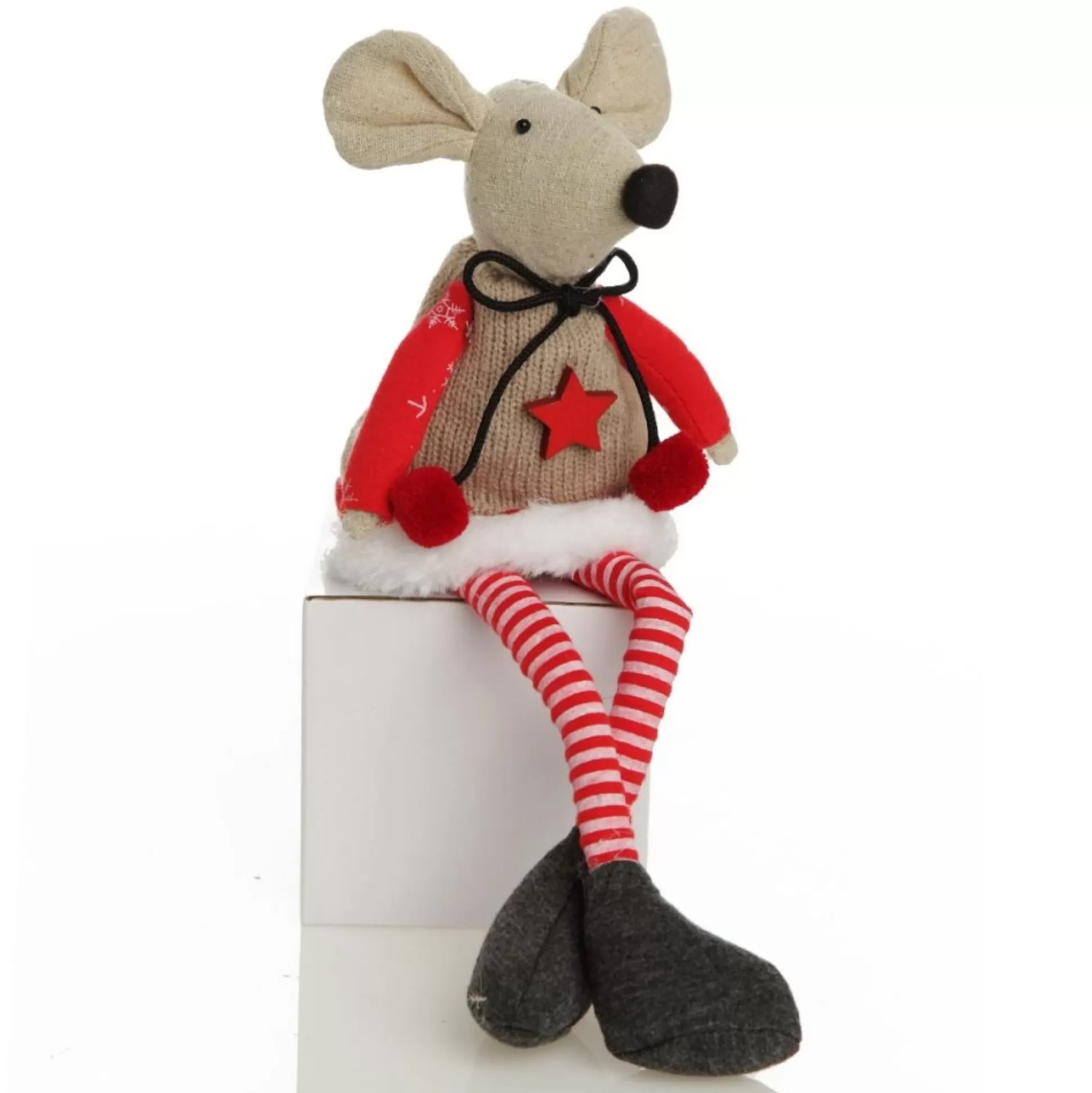 Natural Calico Fabric Girl Mouse with Red Dress and Stripey Legs Christmas Birds And Animals |