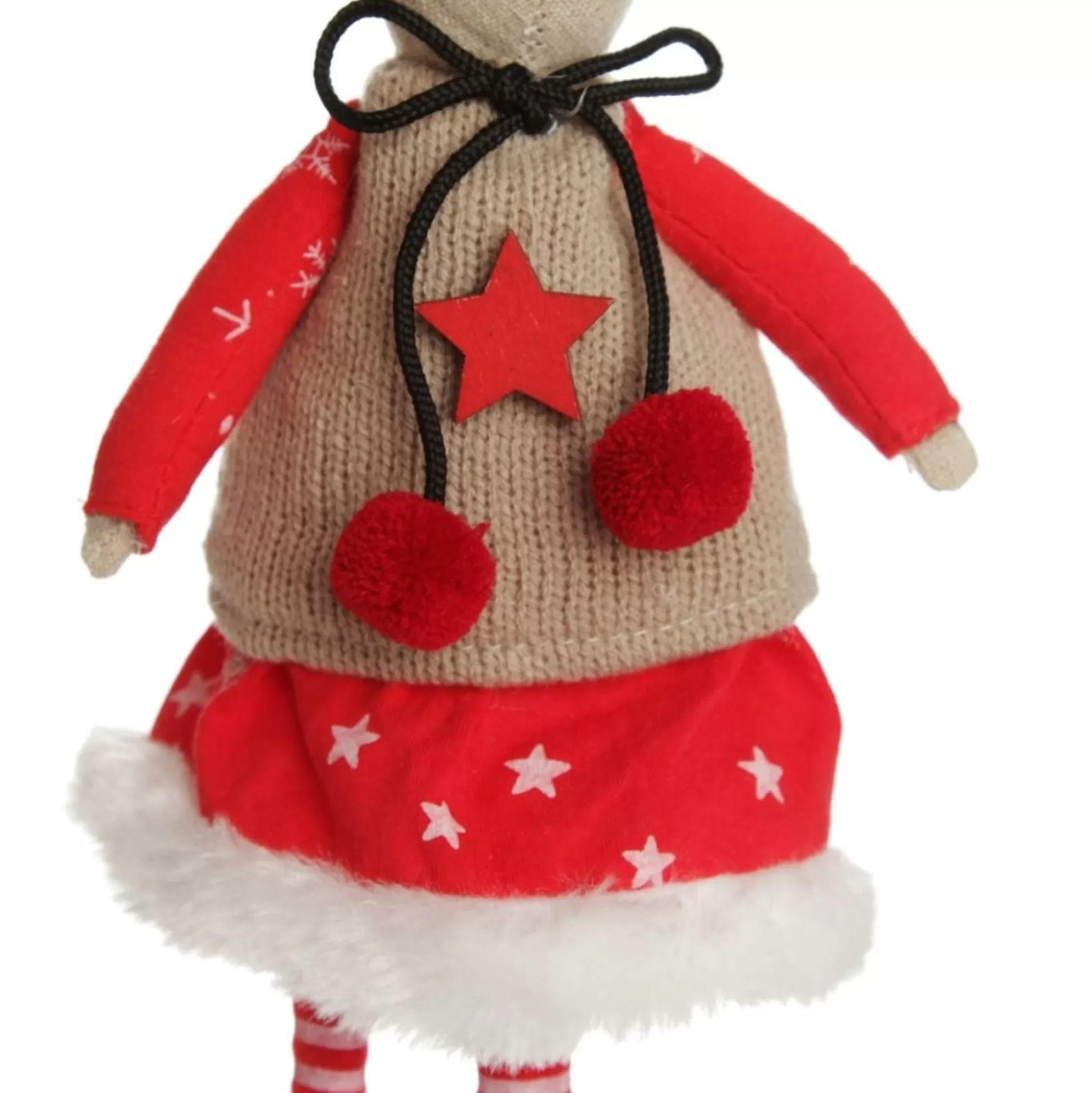 Natural Calico Fabric Girl Mouse with Red Dress and Stripey Legs Christmas Birds And Animals |