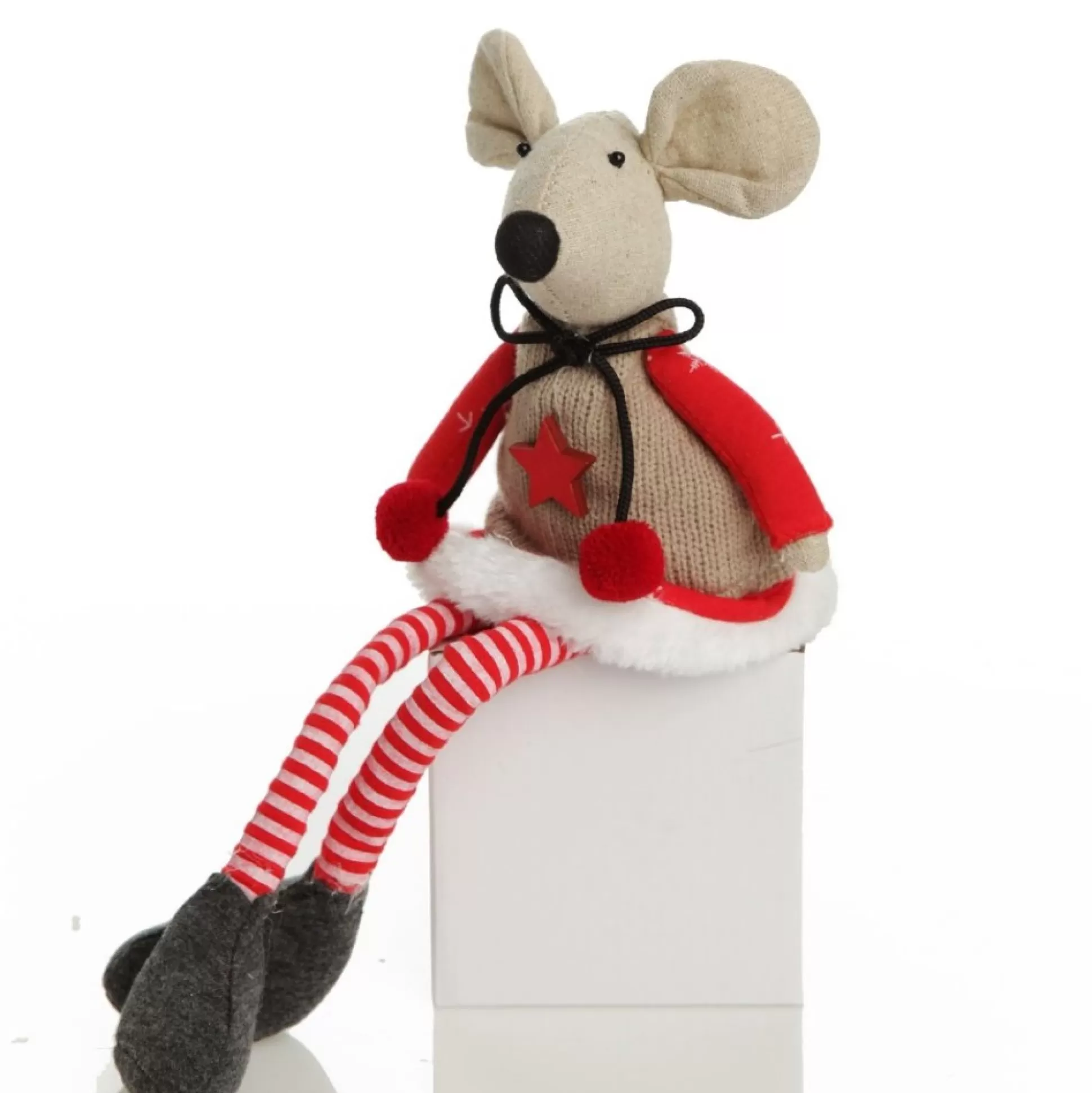 Natural Calico Fabric Girl Mouse with Red Dress and Stripey Legs Christmas Birds And Animals |